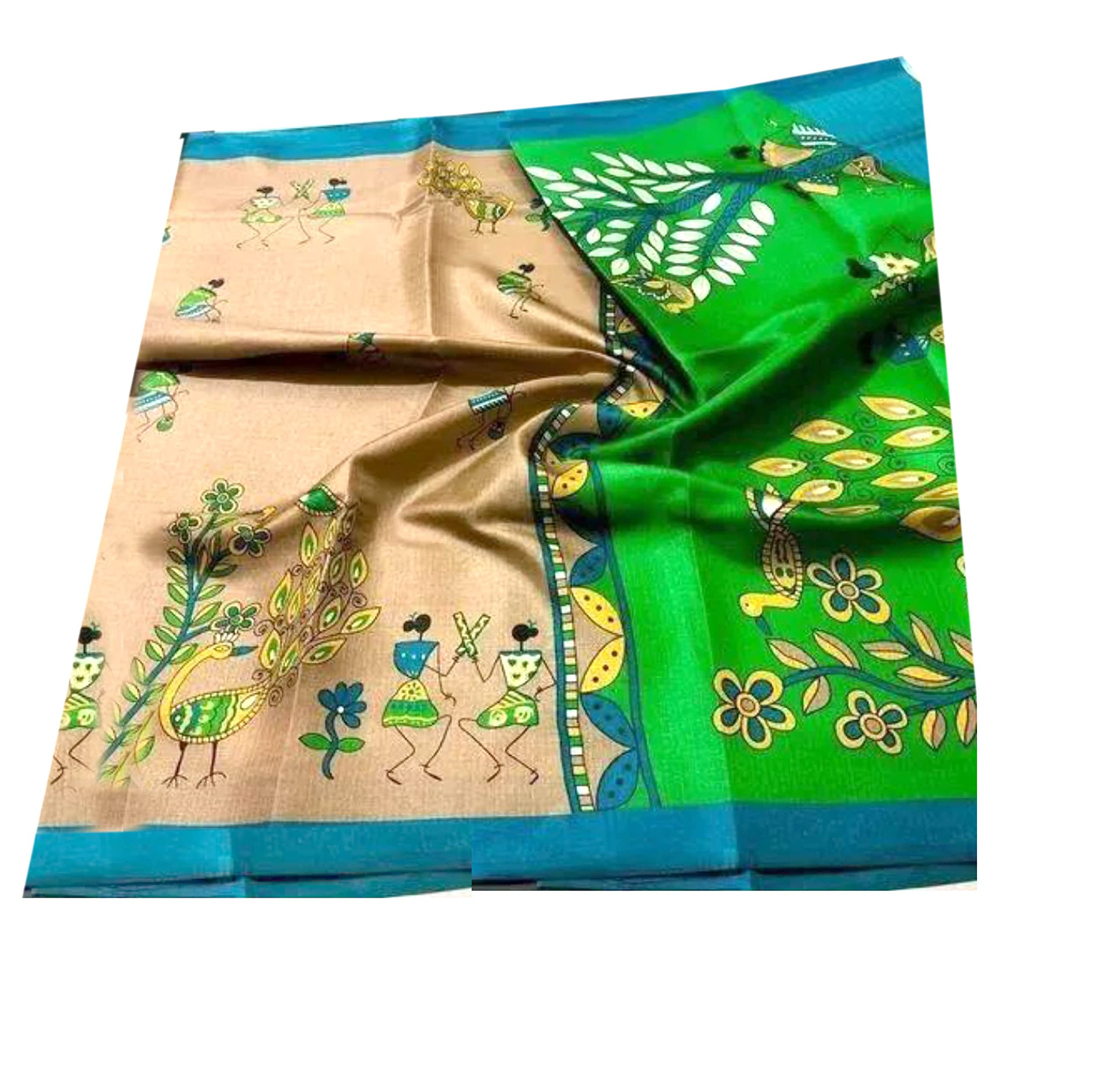 Jolly Women’s Kalamkari Tribal Dance Design Pure Khadi Cotton Saree With BP -Green