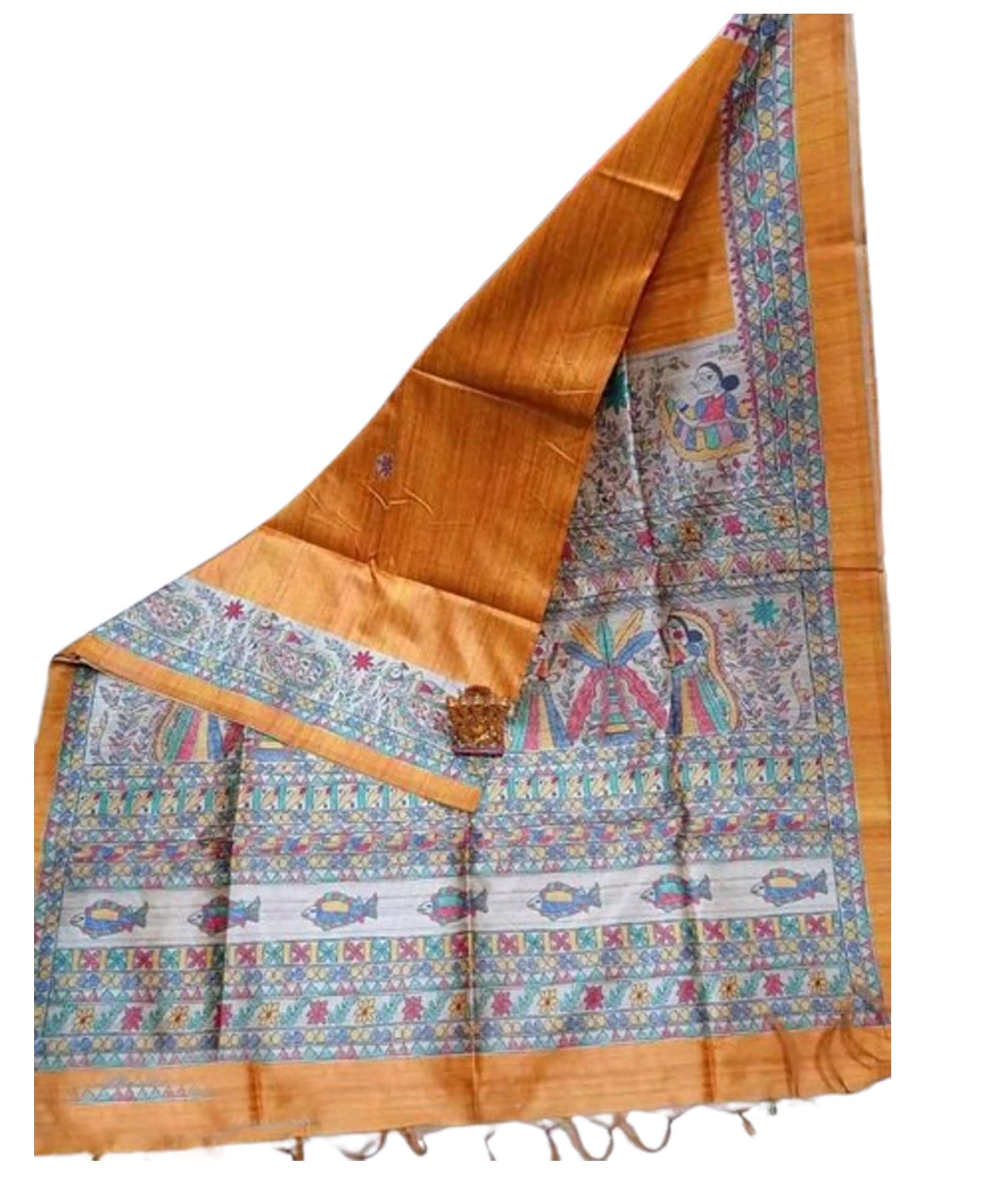 Jolly Tussar Ghicha Silk Saree Madhubani Printed Handwoven - Yellow