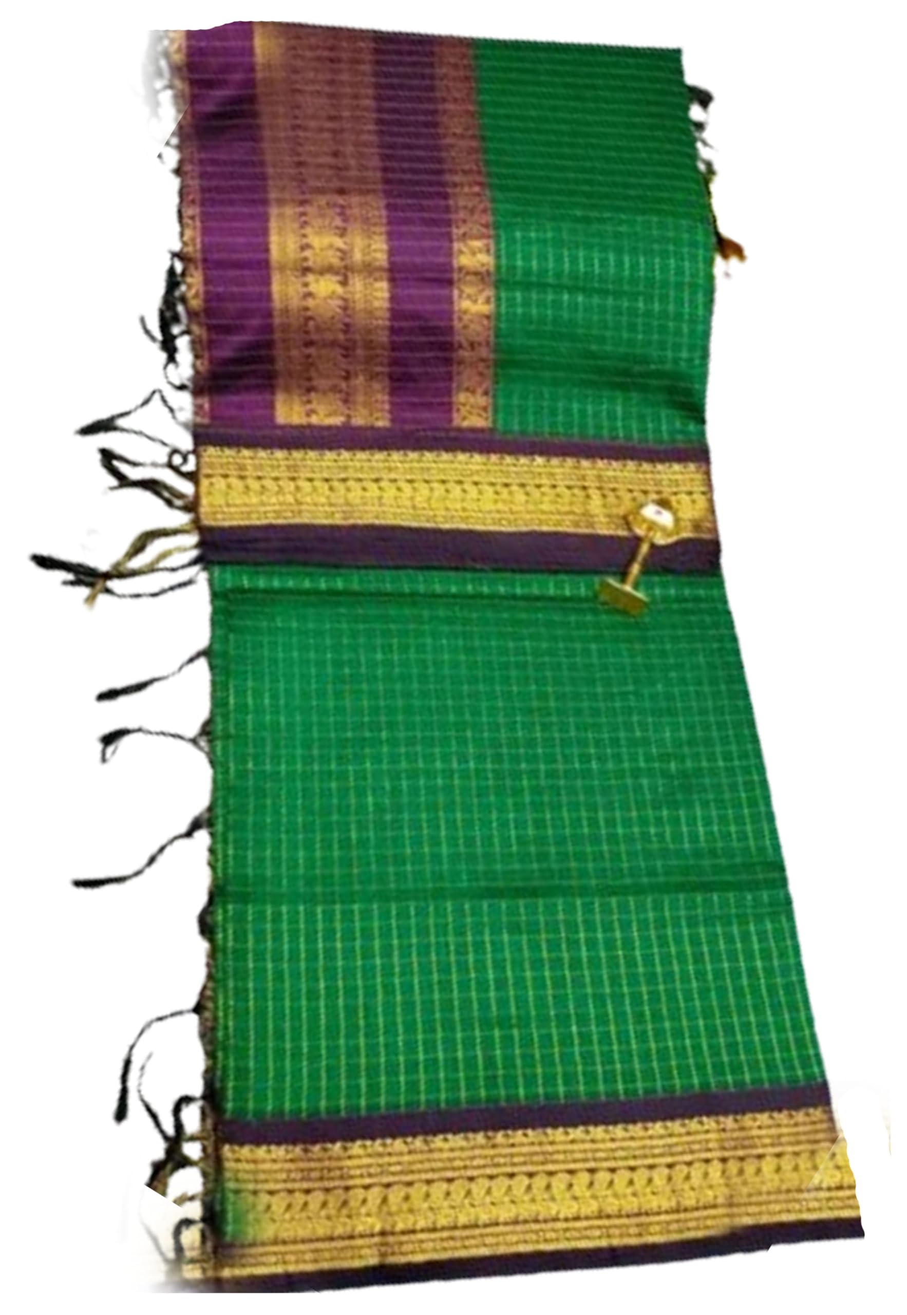 Jolly Women`s Checked Kalyani Pattu Cotton Silk With Blouse Peice - Green