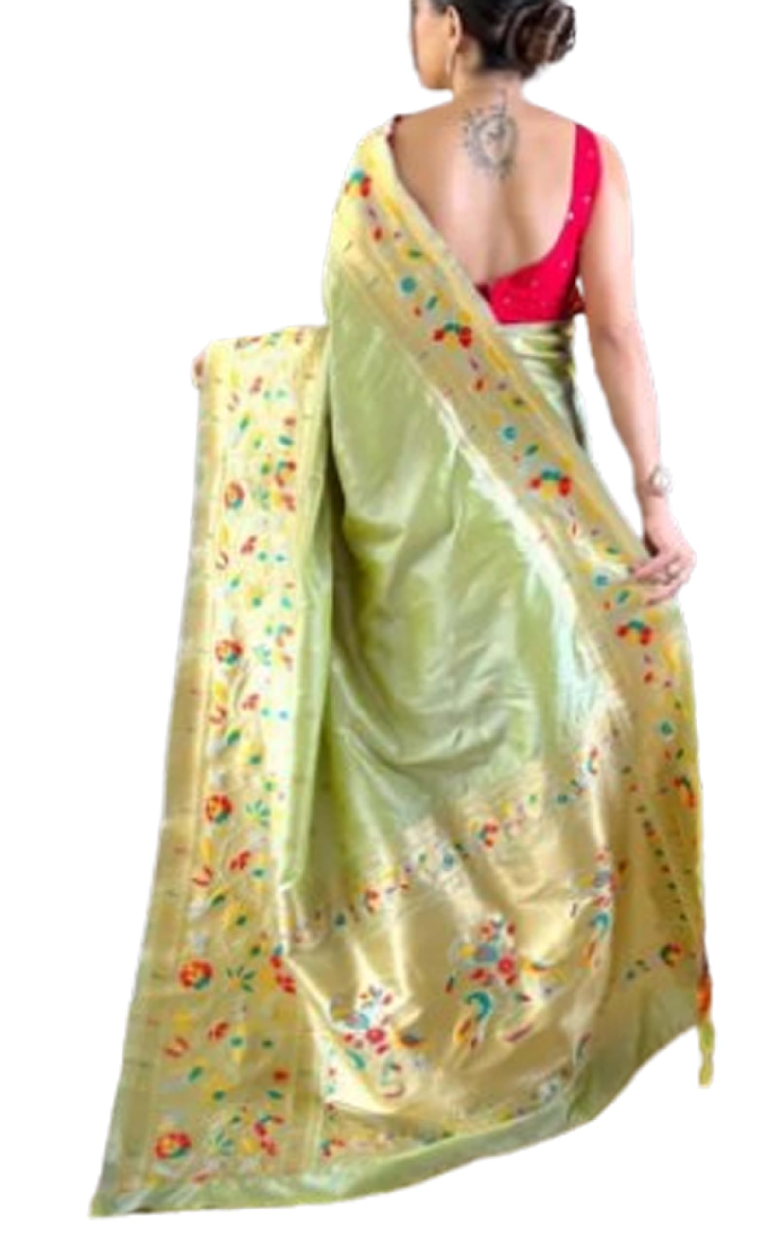 Bridal Kanjivaram Paithani Silk Self Saree With Peacock Zari Unstitched Blouse - Turquoise Green