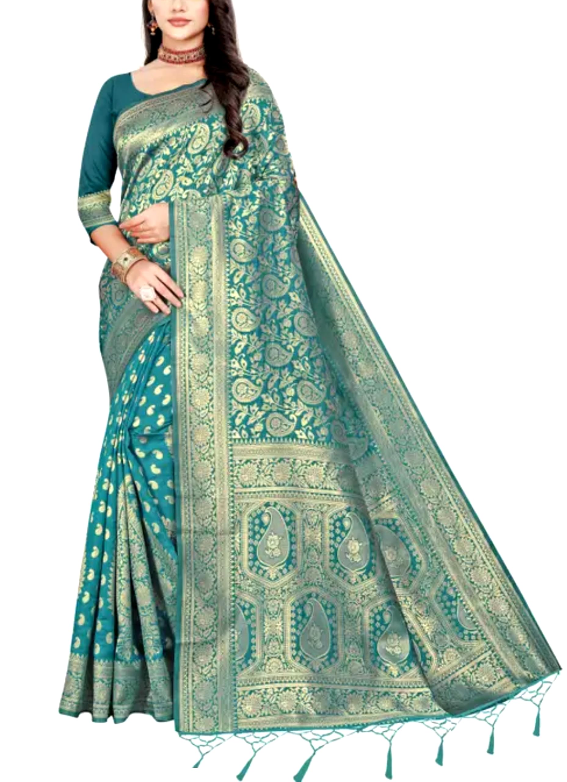 Bridal Soft Banarasi Silk Saree with Zari Contrast Border - Teal Green