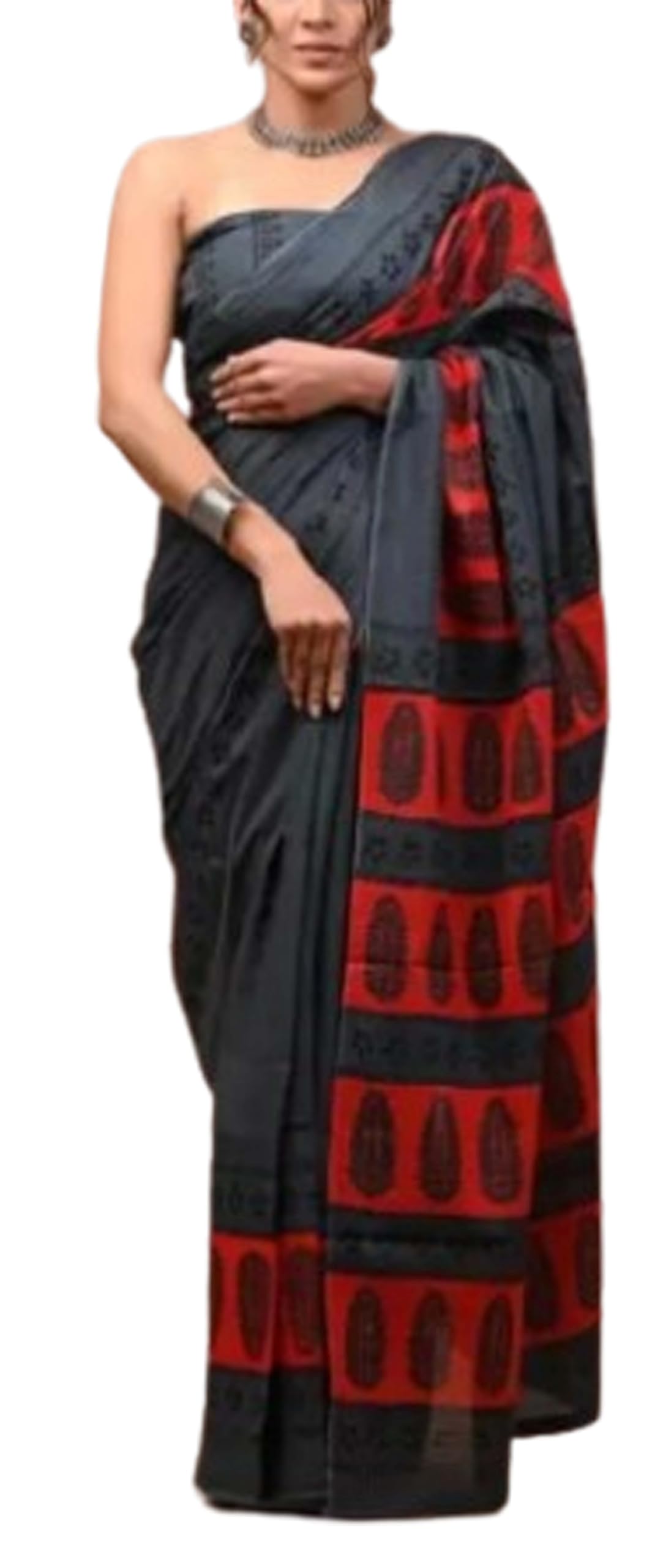 Jolly Mulmul Saree Cotton Handloom - Black Red