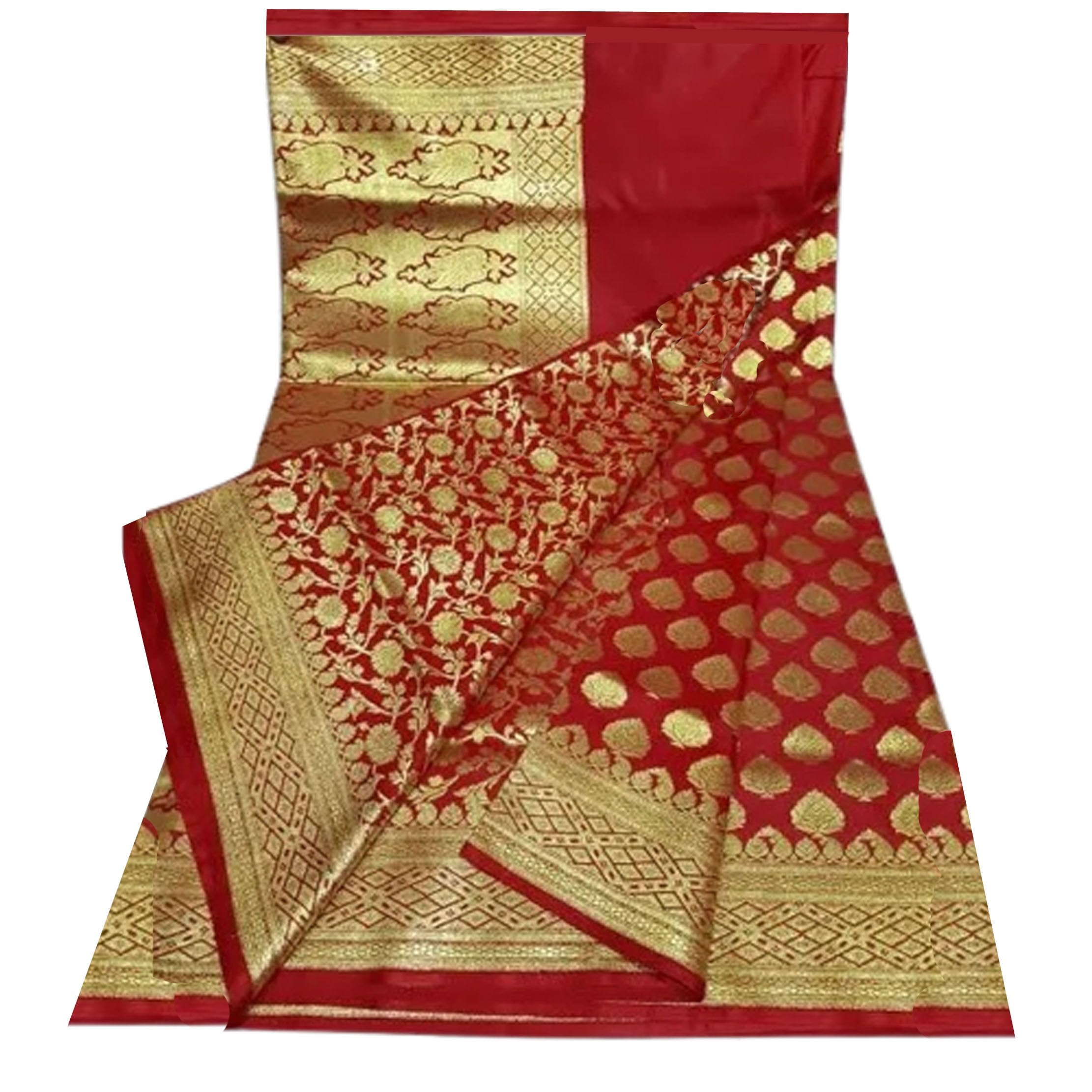 Jolly Banarasi Katan Silk Saree with All over Golden Zari Border - Red