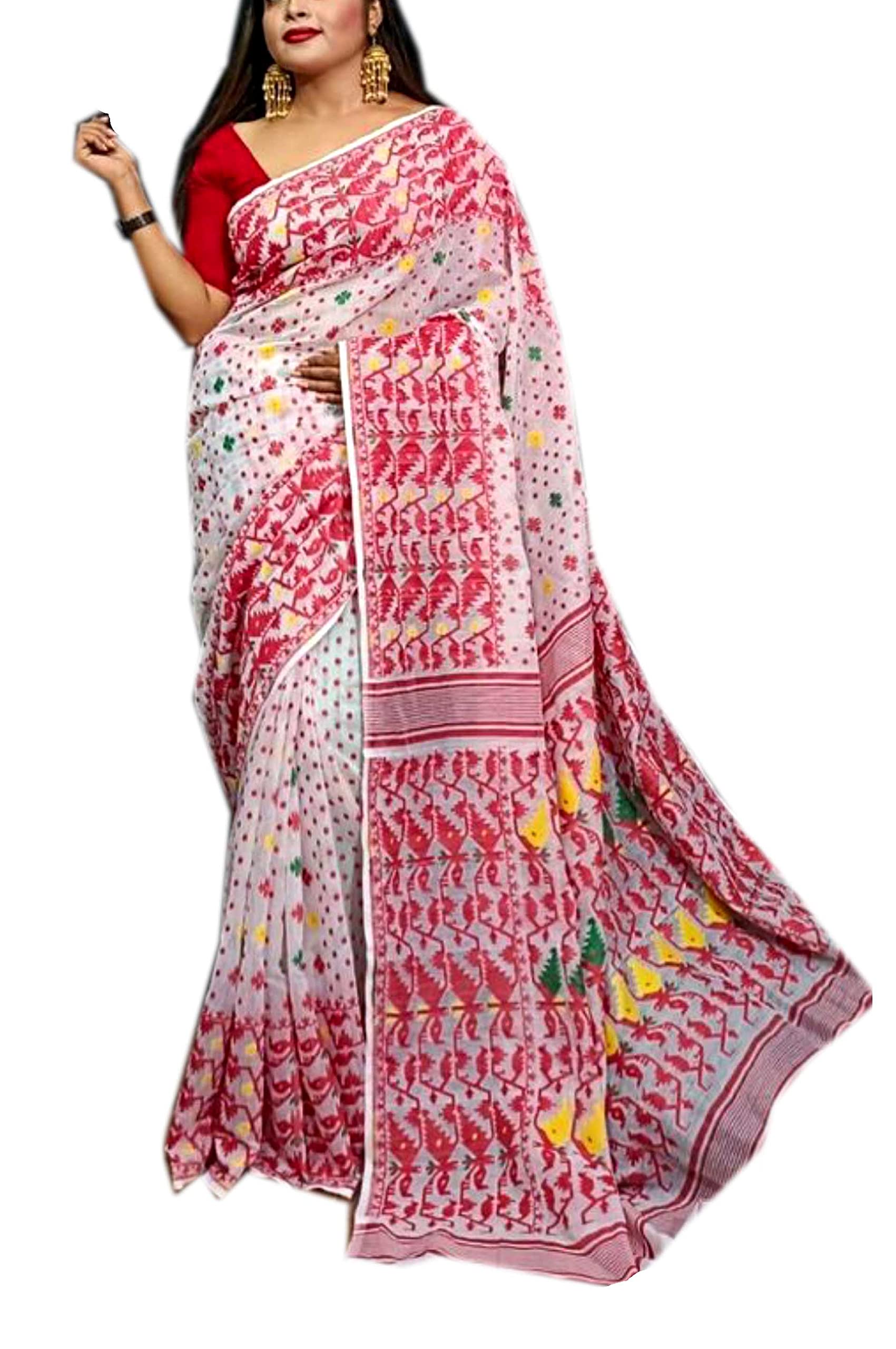Bahurani Soft Jamadani Saree Red White Handloom Allover Work