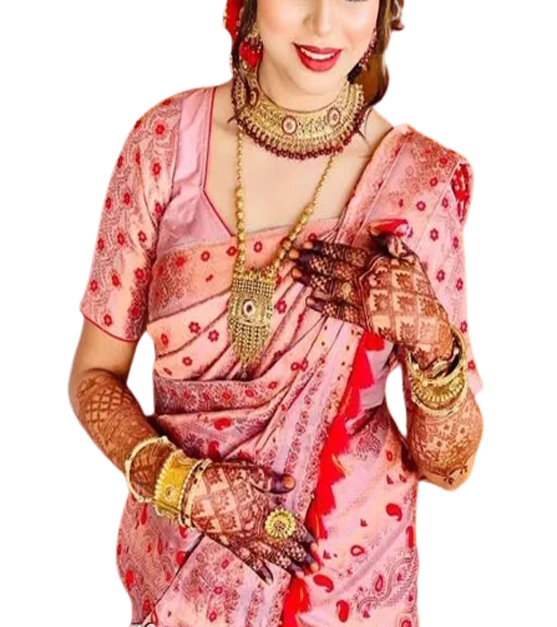 Women`S Assamese Mekhela Sador Santal Panchi Lungi Parhar Pure Fabric Of Soft Silk Traditional Design-Pink, Saree