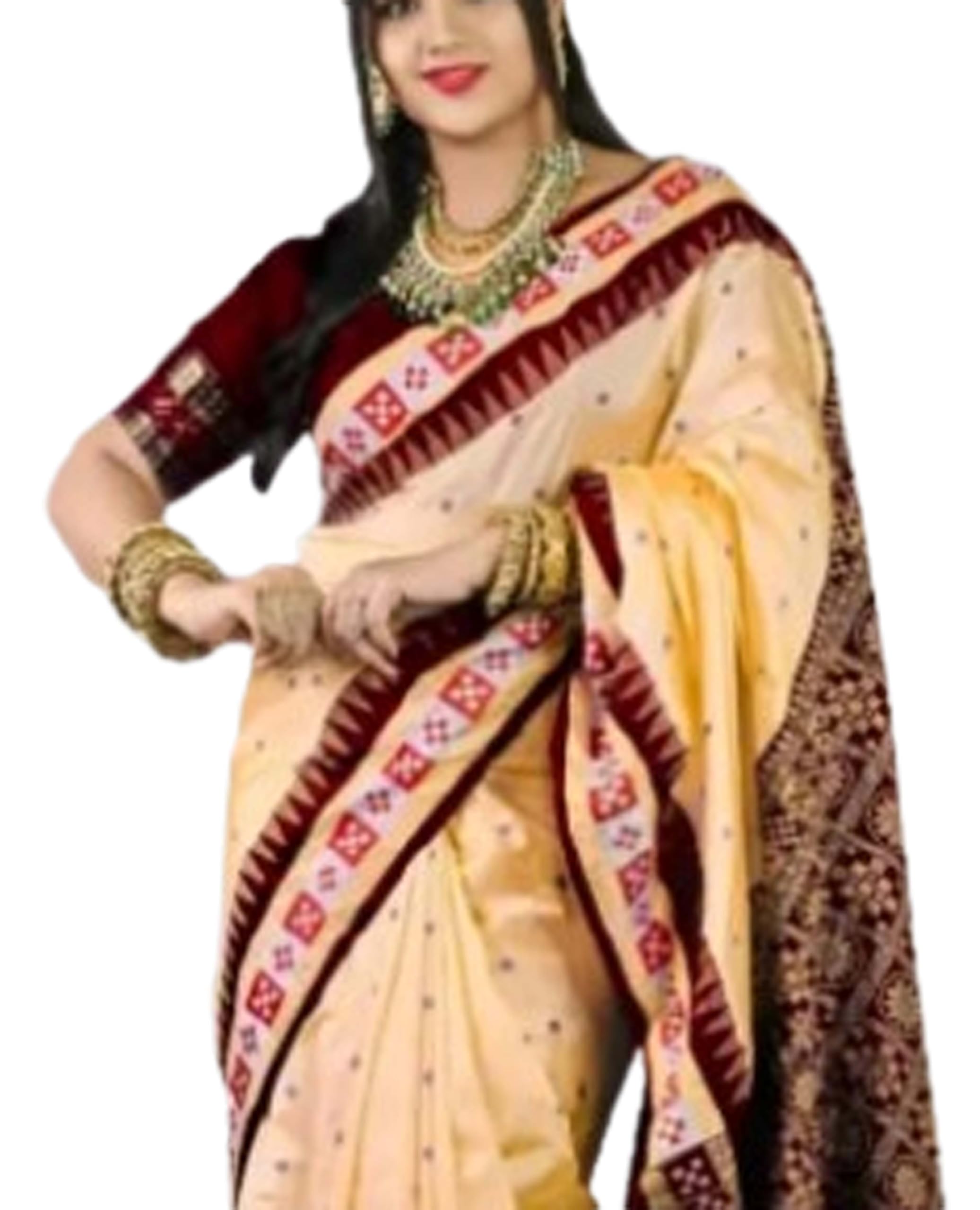 Sambalpuri Silk Saree Bomkai Border With Traditional Design with Blouse Piece - Cream Brown