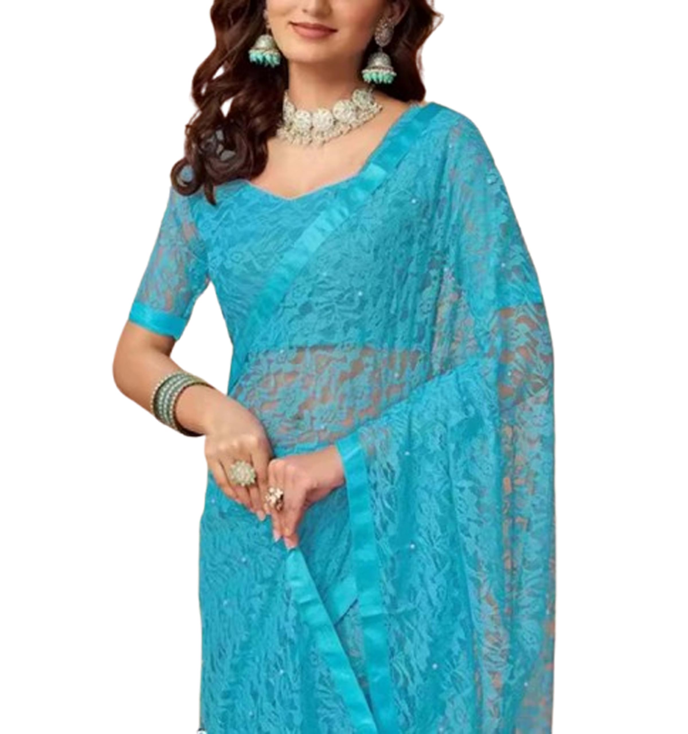 Jolly Women`s Net Self Saree Brosso Bollywood With Blouse Piece - Sky Blue
