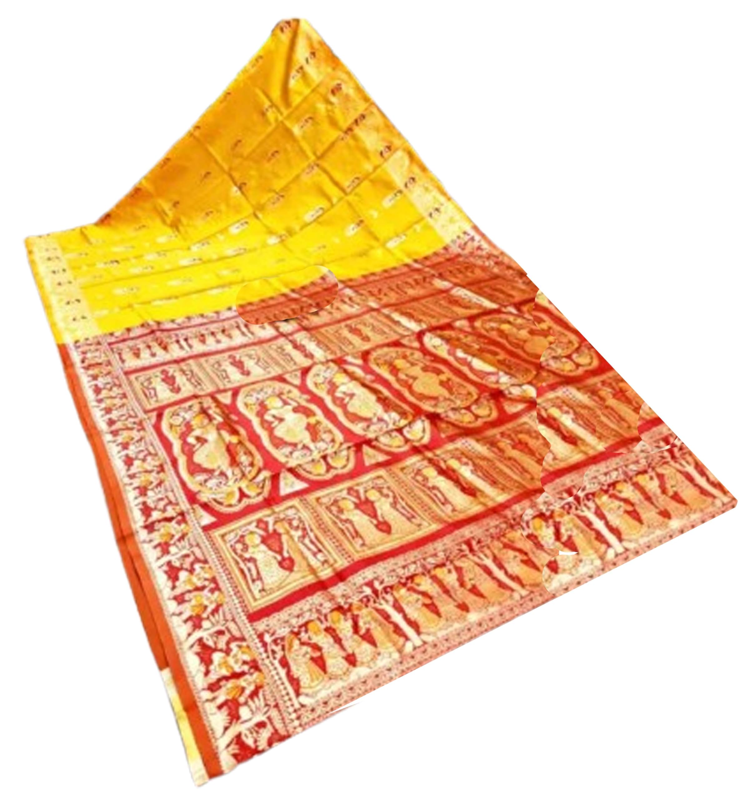 Women`s Pure Baluchari Saree Handwoven Traditional Design With BP - Yellow Red