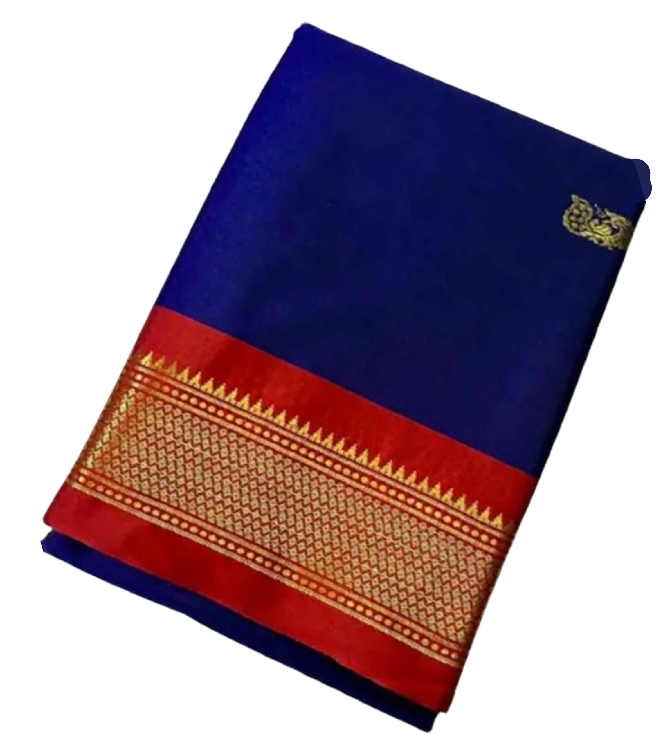 Jolly Semi Mysore Karnataka Soft Crepe Saree with Golden Broad Pallu Zari Border - Blue Red