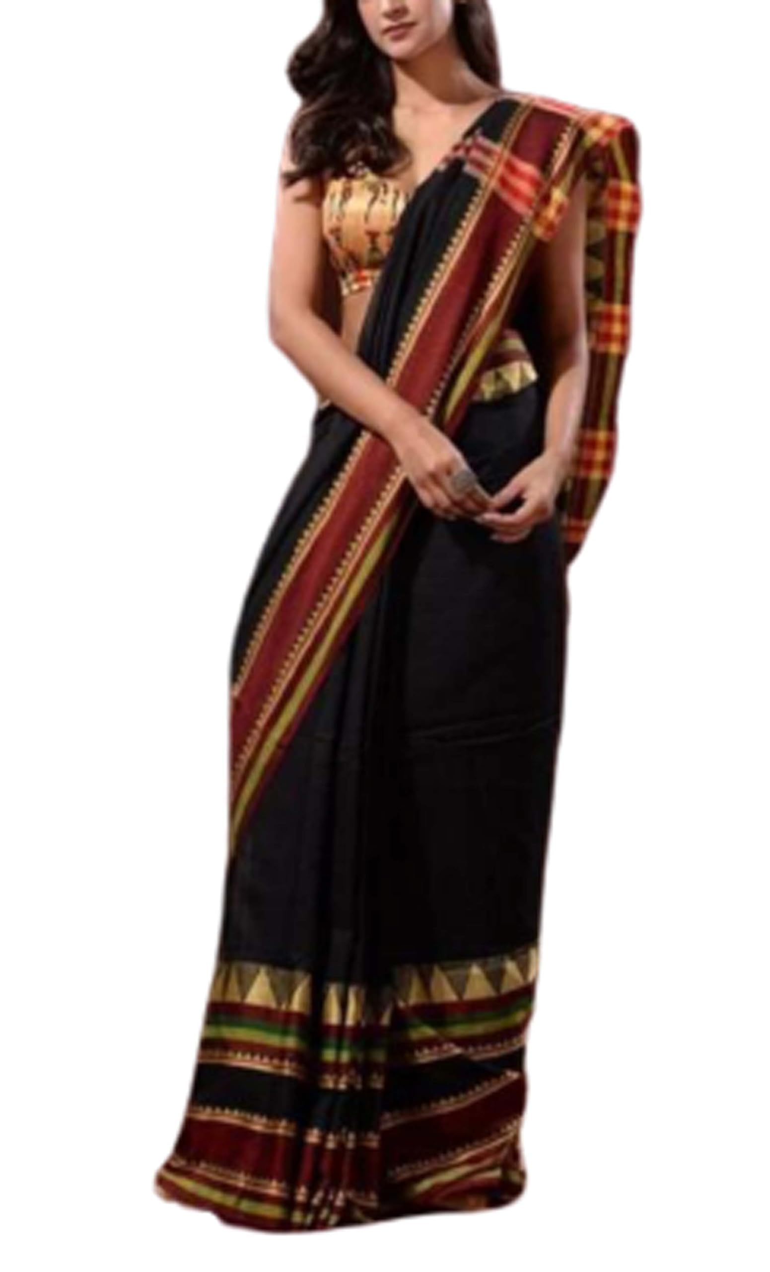Jolly Women`s Mangalagiri Saree with Self Checks & Striped Border(Black Red)