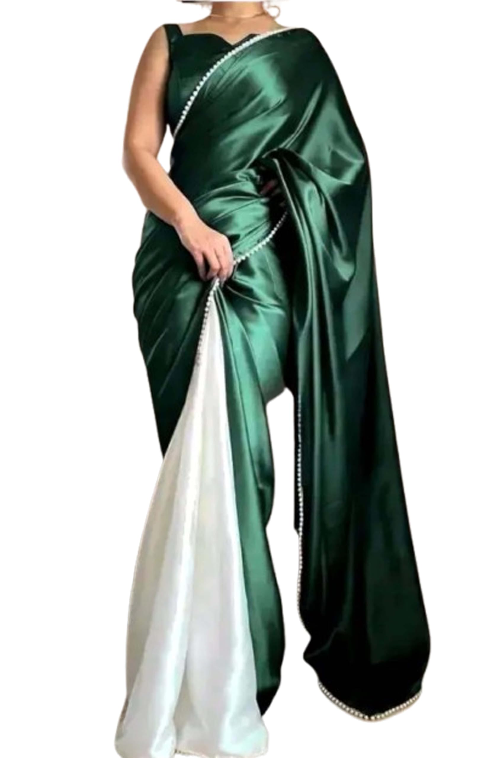 Women`s Satin Silk Half Half Digital Soft Saree with Blouse Piece - Green White