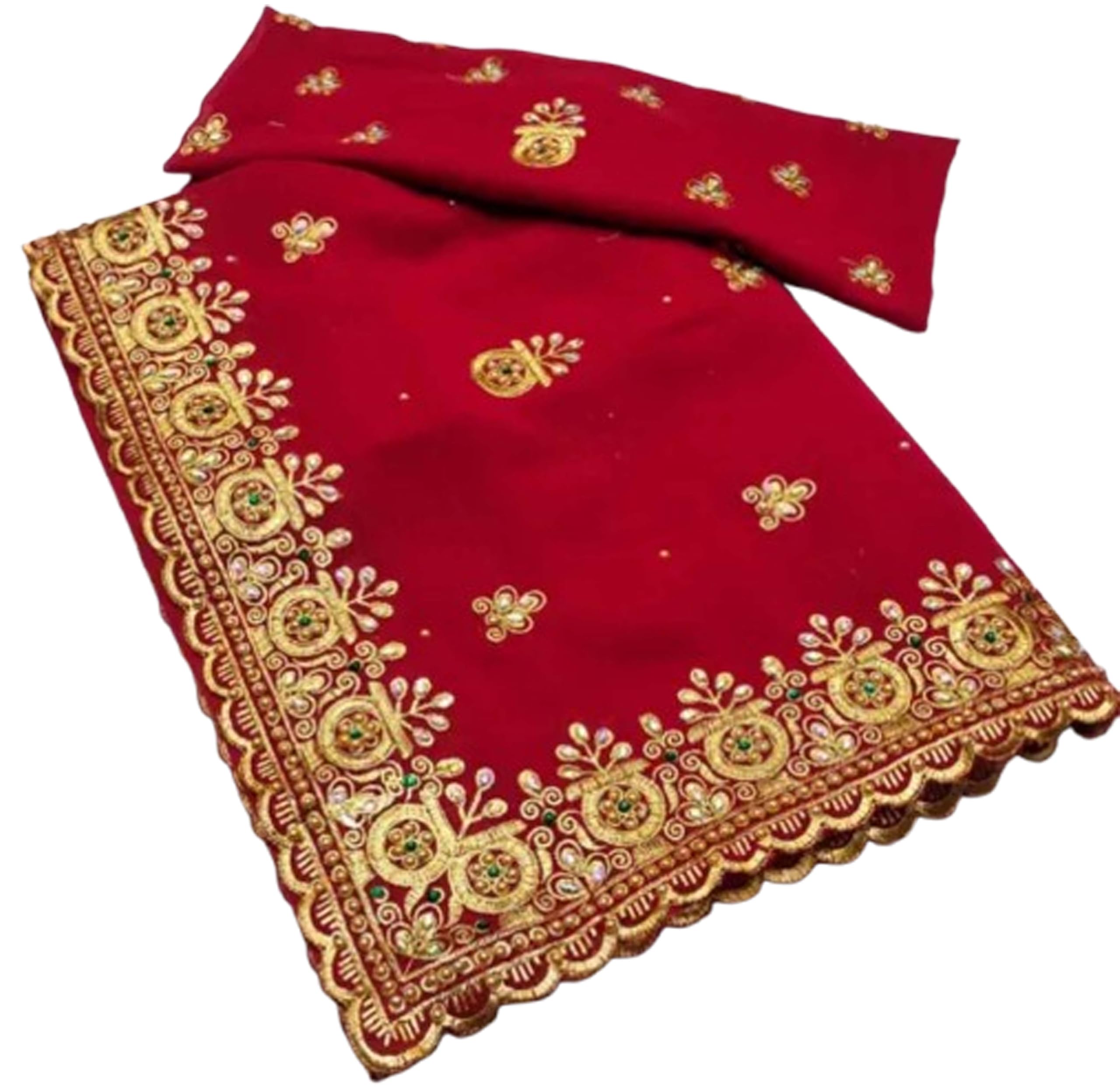 Women`s Georgette Embroidery Embroidered With Diomand Work Pallu With Blouse Piece - Red