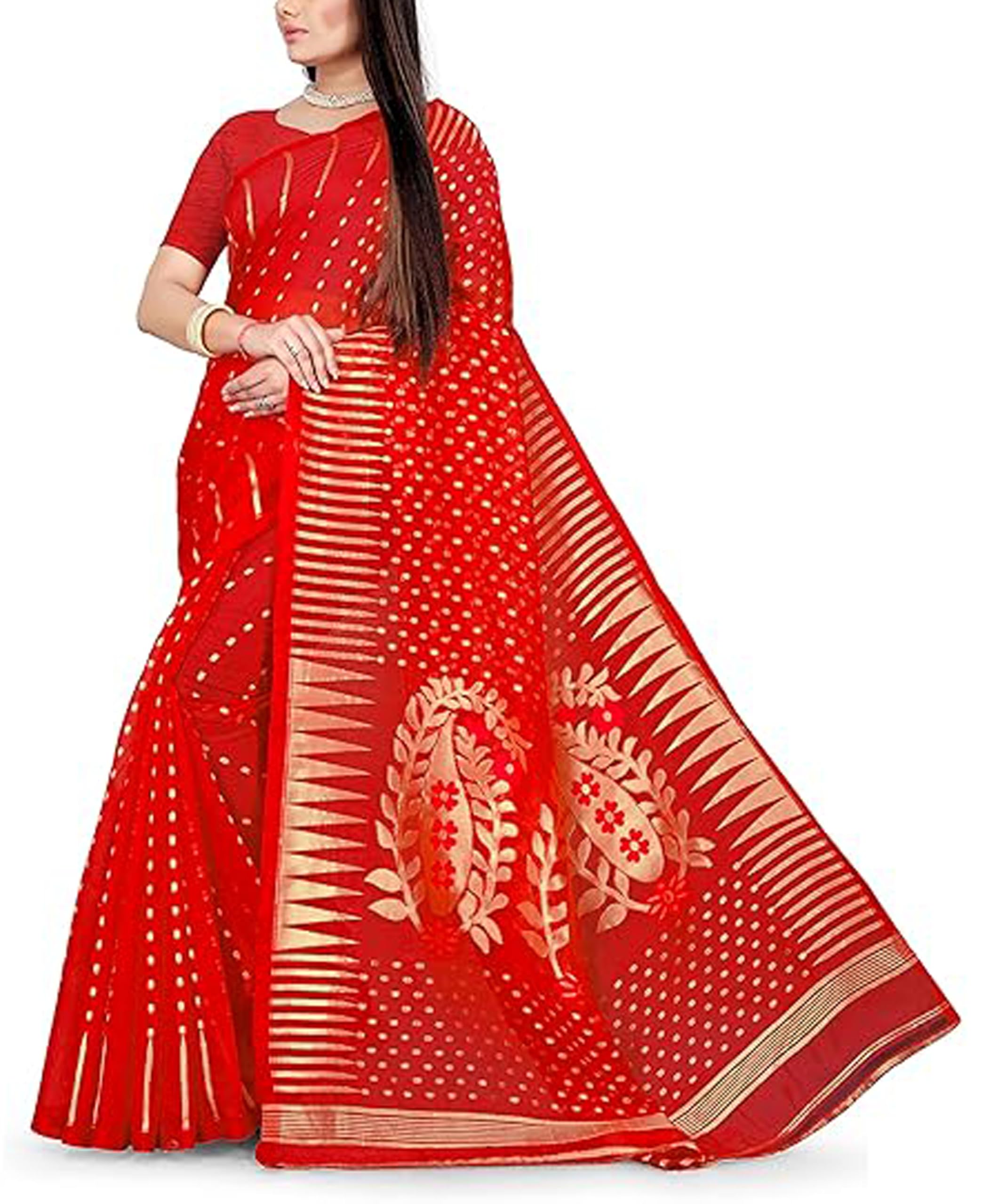 Hajarbuti Handloom With Jamdani Design Allover Bland Tant Saree- Red