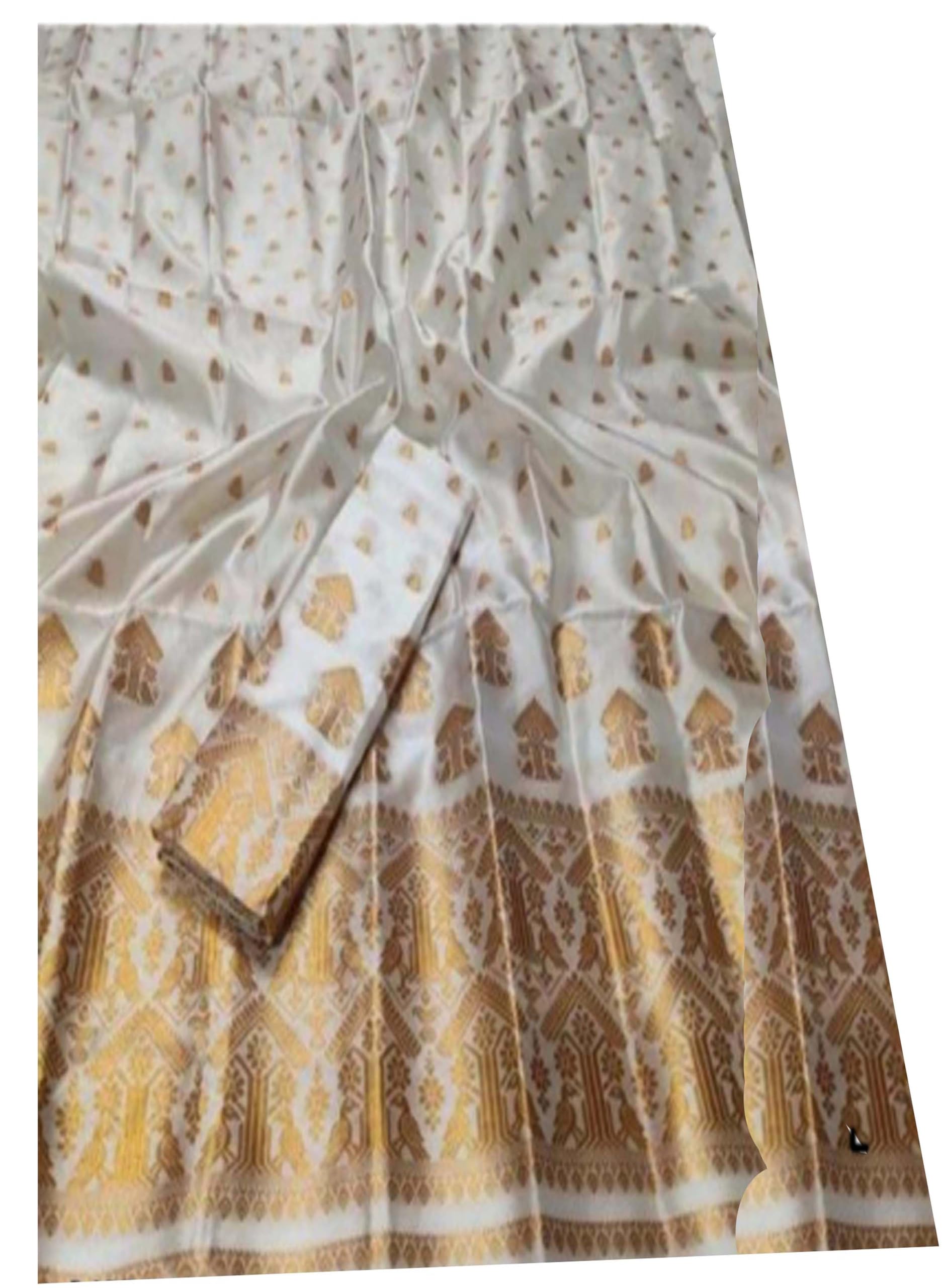 Women`s Assamese Bridal Mekhela Sador Jura Santal Parhar Pure Fabric of Soft Silk Traditional Design- White Gold