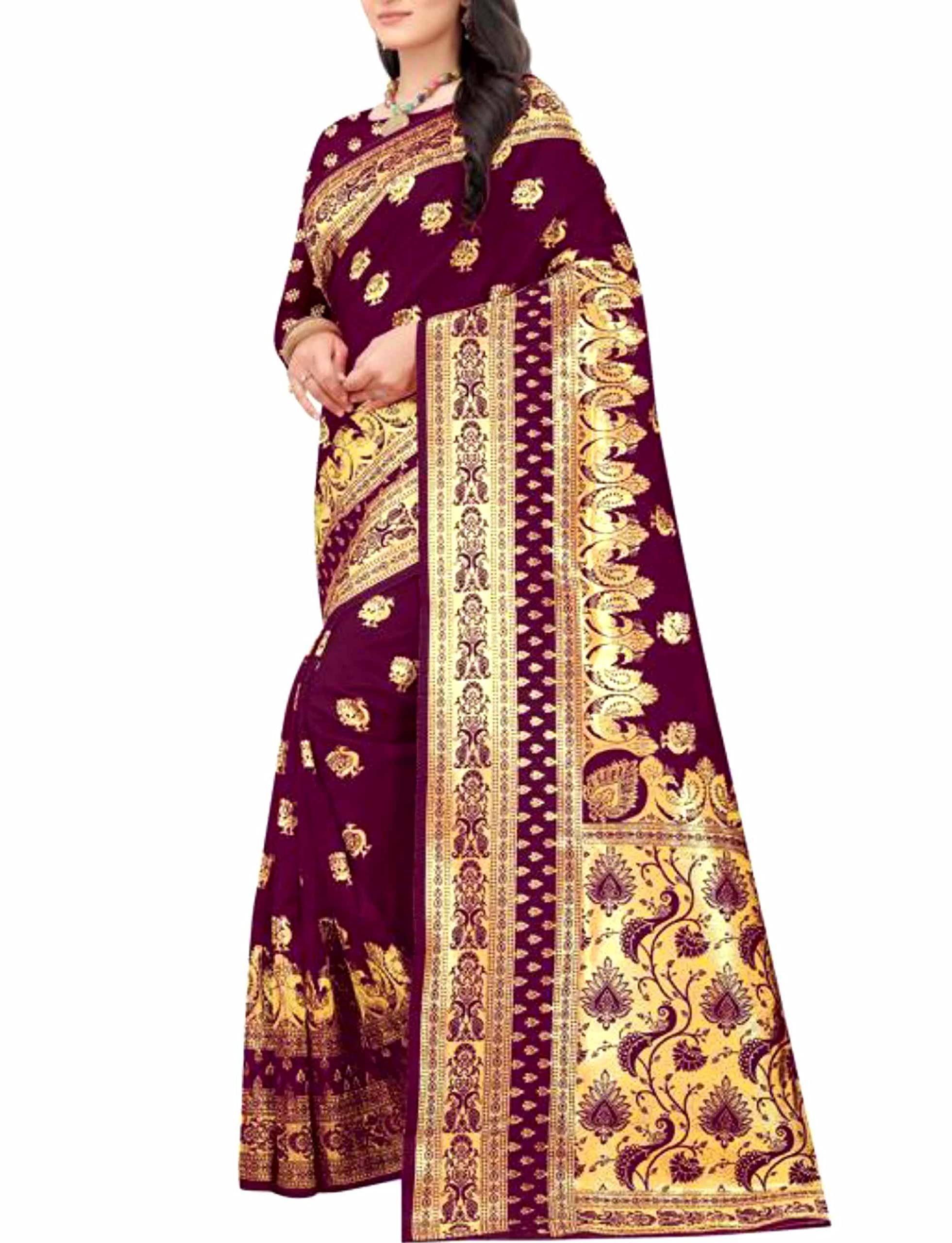 Banarasi soft Silk Rich Pallu Jaquard Zari work All Over Saree With Same Matching Blouse- Chocolate Brown