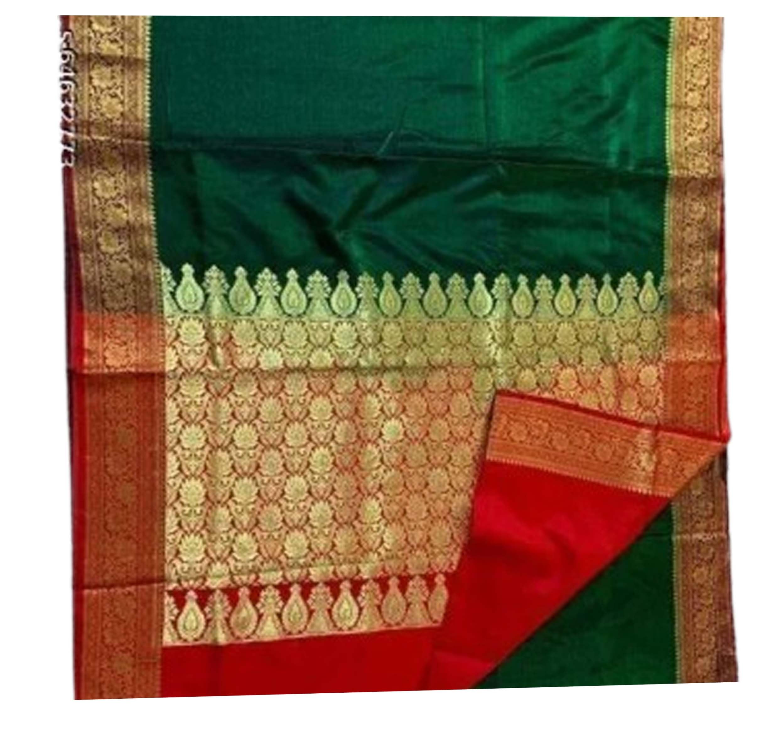 Banarasi Soft Satin Silk Rich Pallu Small Buti With Matching Blouse- Green Red