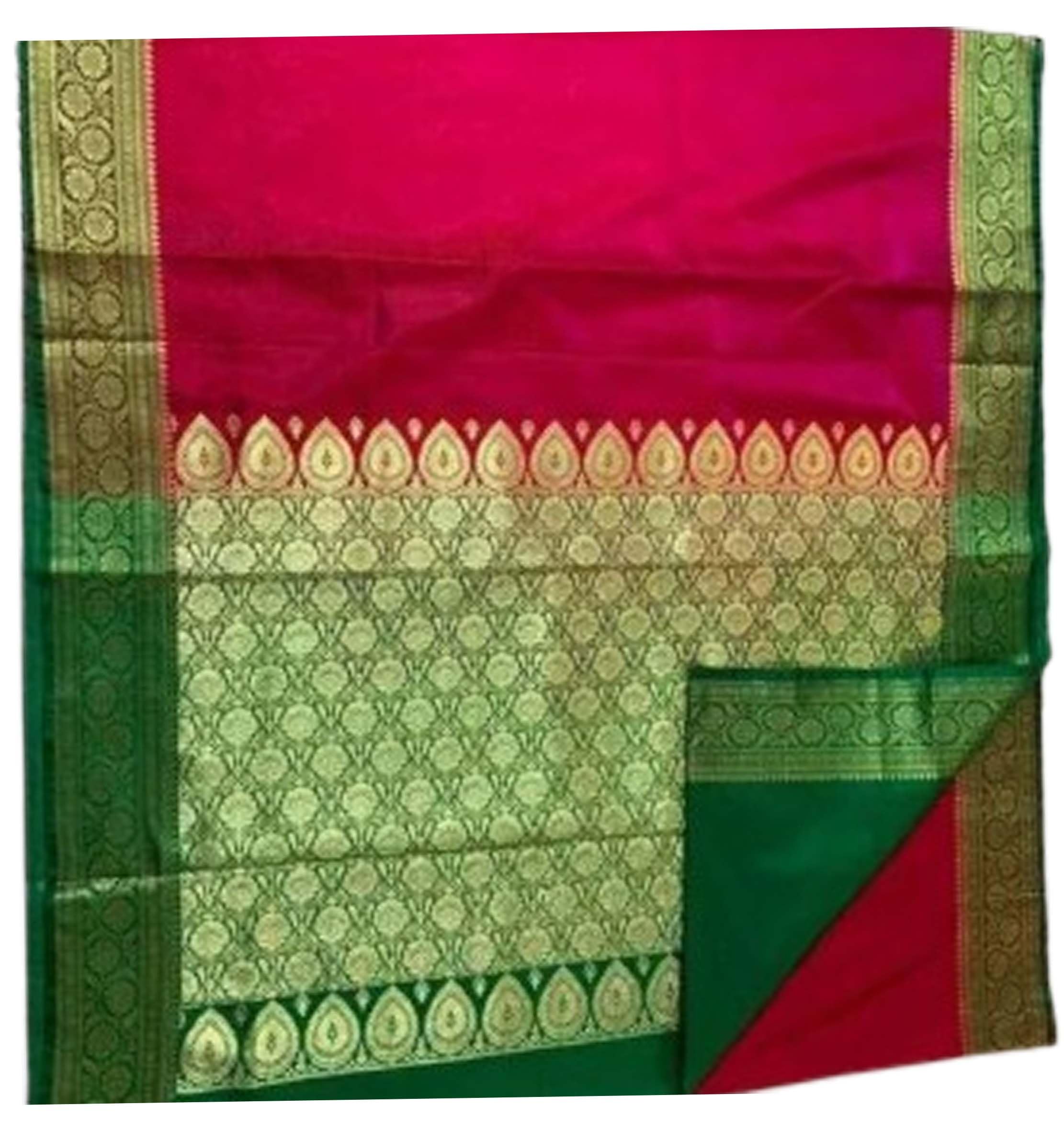 Banarasi Soft Satin Silk Rich Pallu Small Buti With Matching Blouse- Pink Green