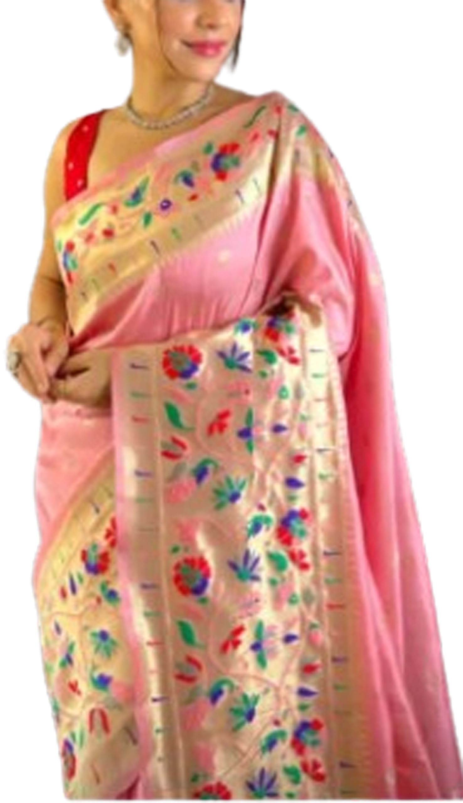 Bridal Kanjivaram Paithani Silk Self Saree With Peacock Zari Unstitched Blouse - Pink