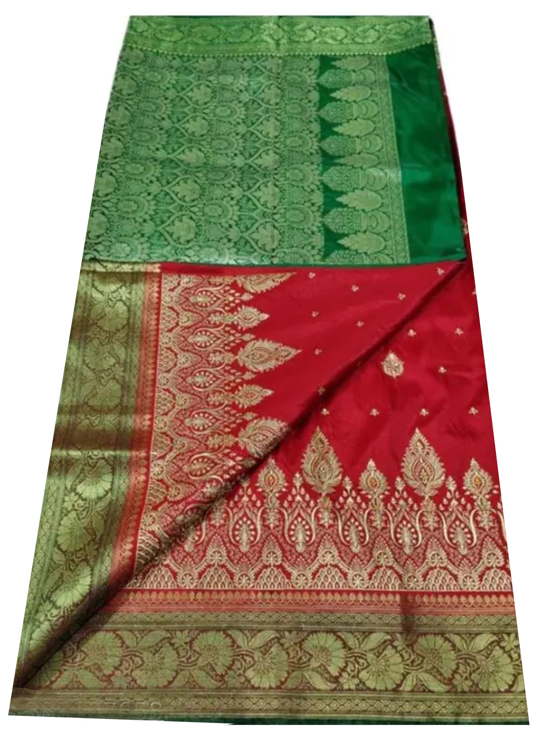 Banarasi Soft Satin Silk Rich Pallu Small Buti With Matching Blouse- Red Green