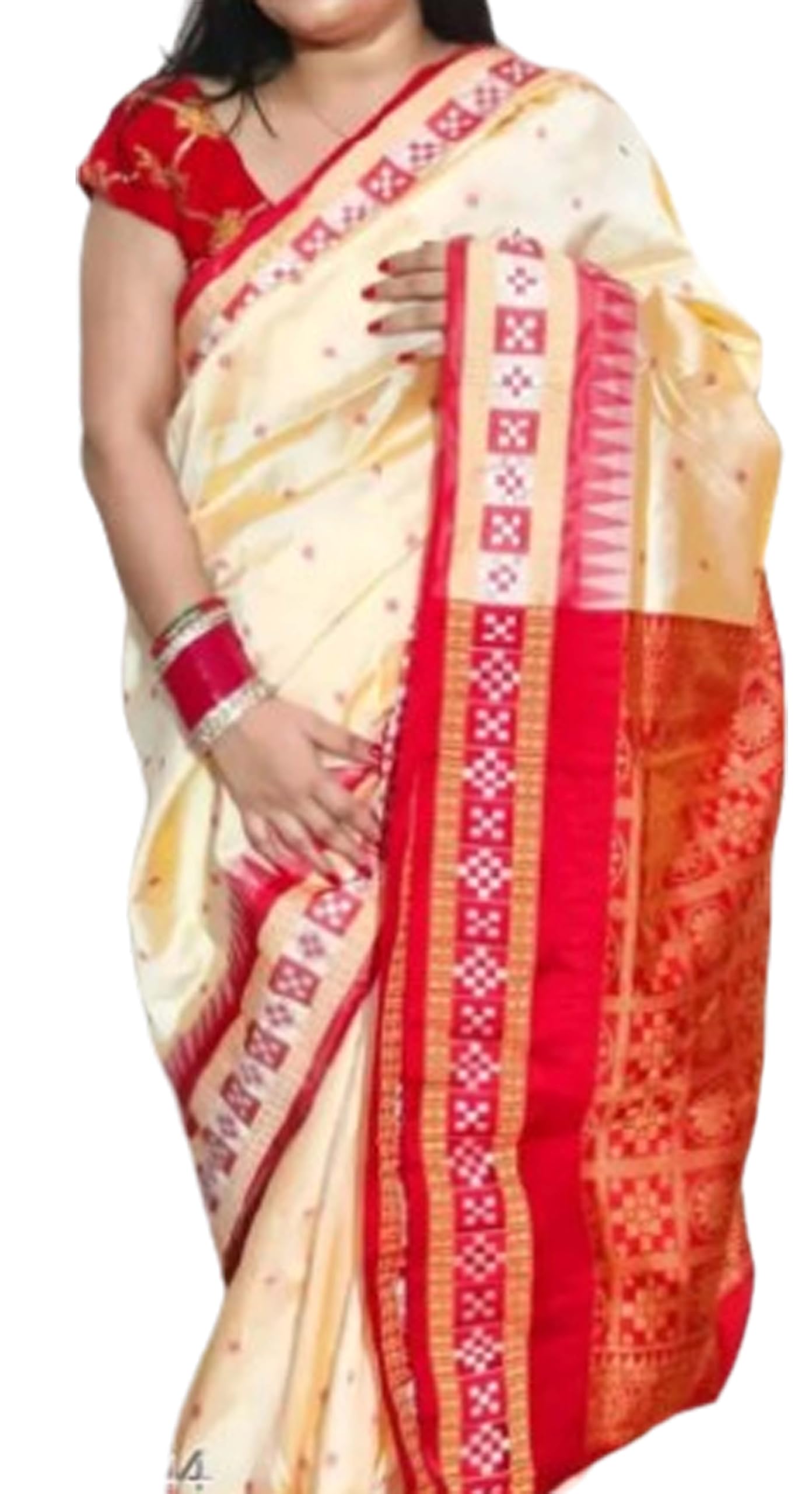 Sambalpuri Silk Saree Pasapalli With Traditional Design with Blouse Pc - off White Red
