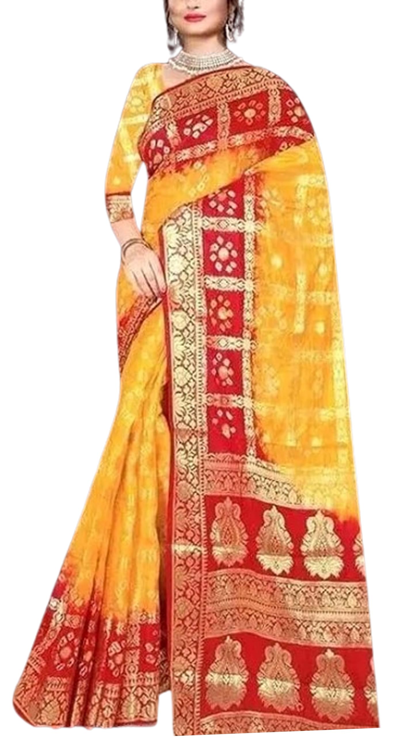 Women`s Bandhani Bandhej 2025 Silk Sarees Traditional Design with Contrast Blouse Piece - Yellow Red