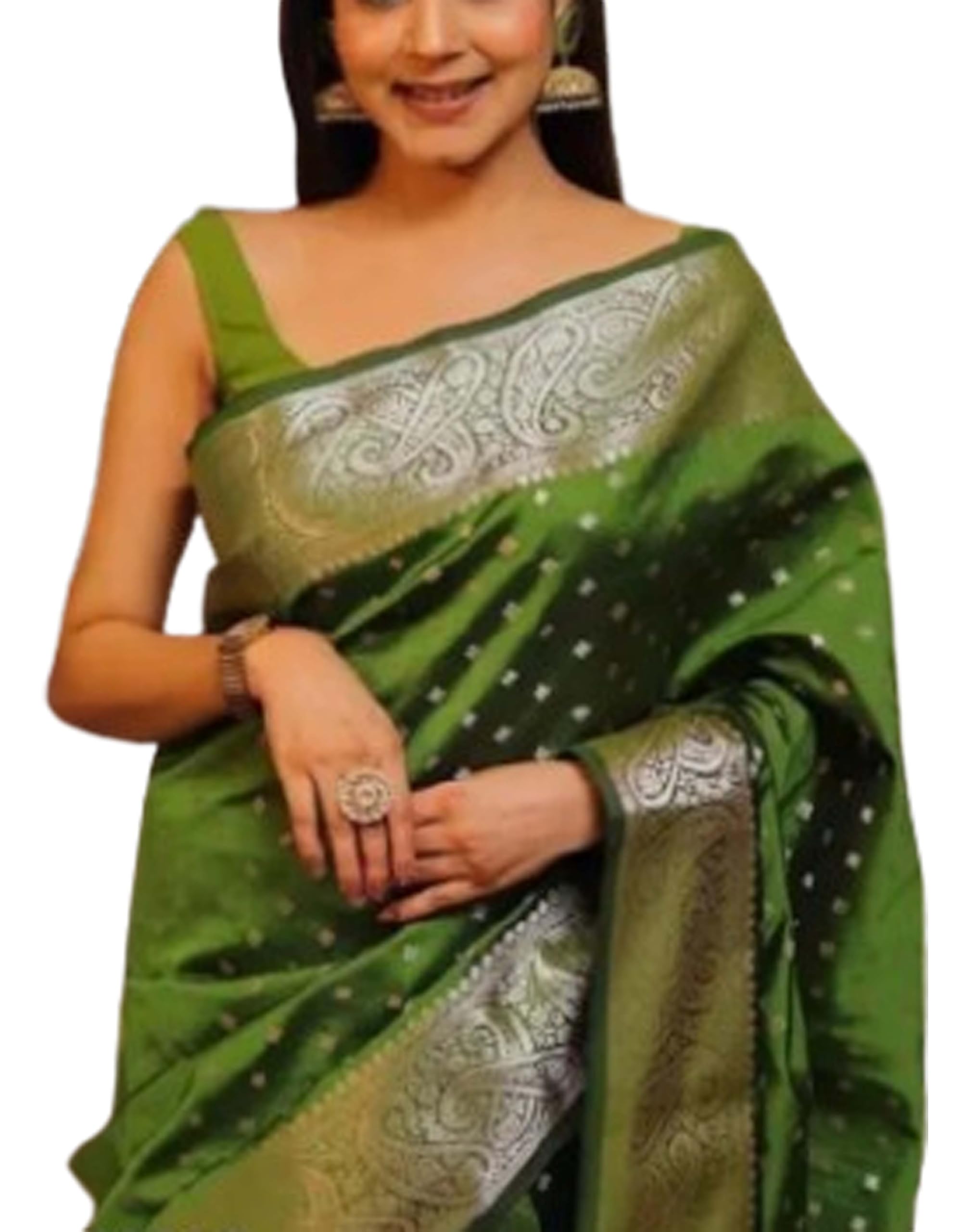 Jolly Women's Woven Soft Kanjivaram Wedding Silk Saree Silver Zari Work With Blouse Piece- Olice Green