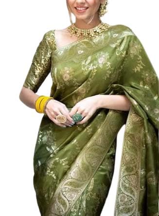 Kanjivaram Silk Blend Saree With Zari Unstitched Blouse - Oive Green