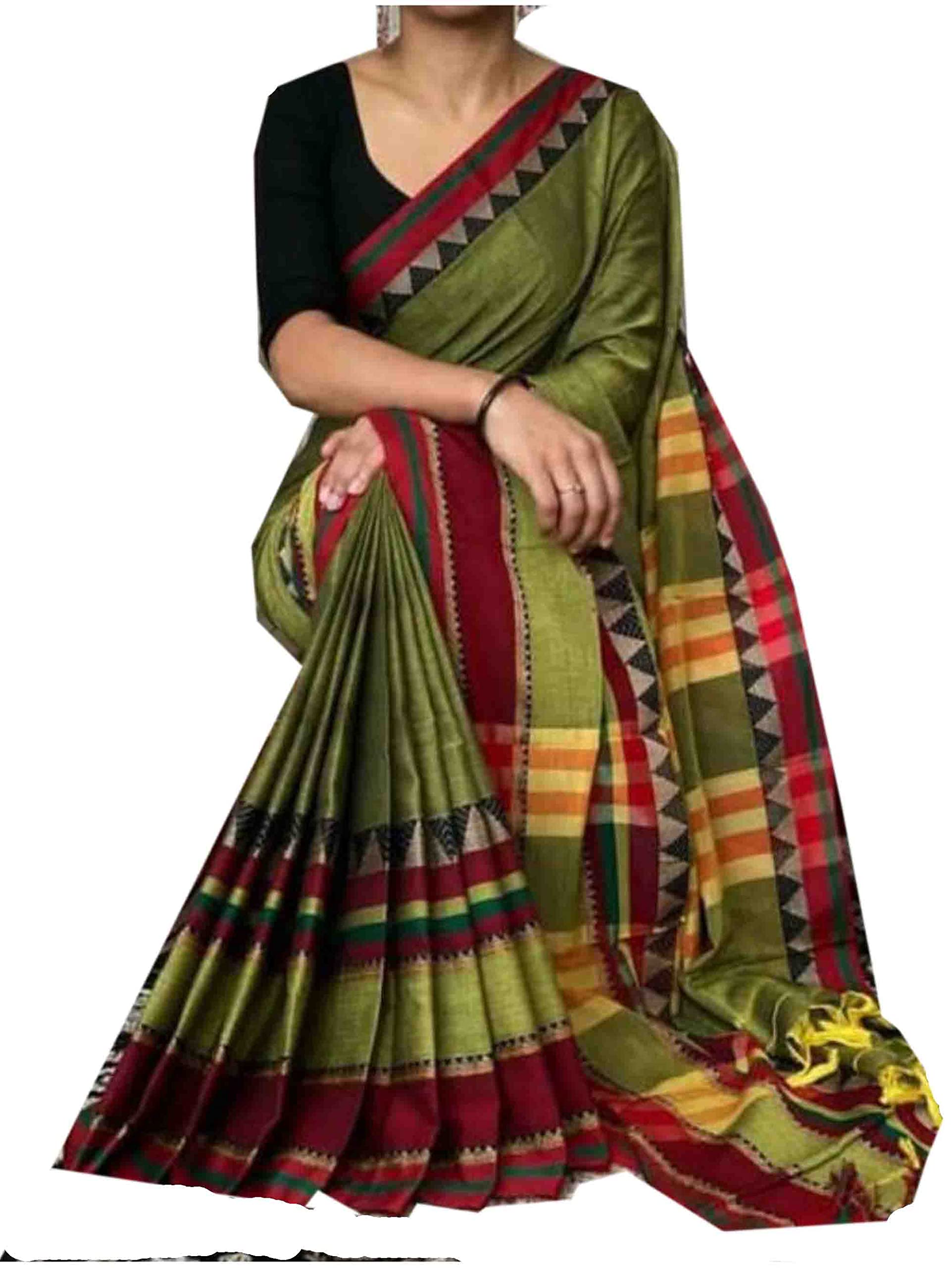 Women’s Pure Khadi Cotton Tant Saree Temple Design With BP (Olive Green)