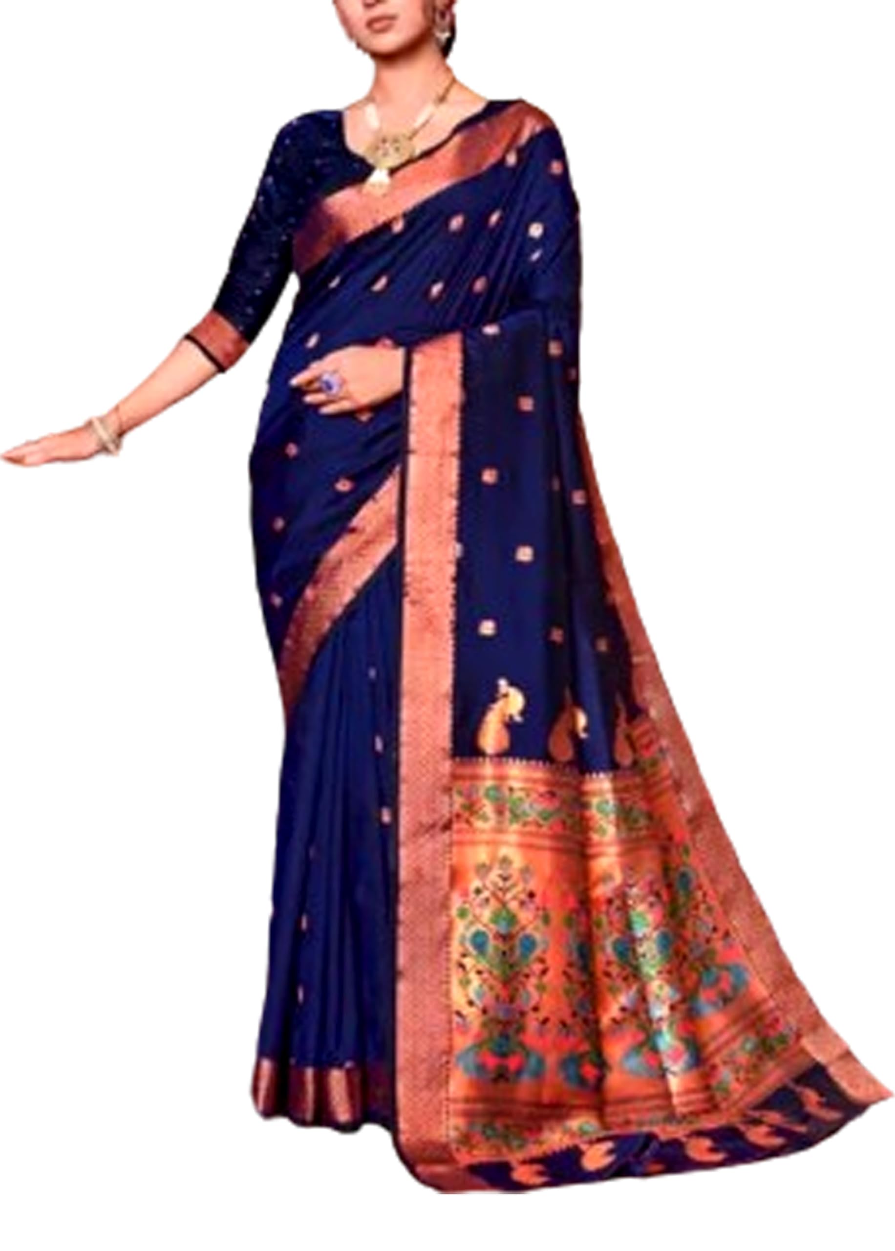 Jolly Women`s Paithani Silk Saree With Minakari Traditional Woven with Copper Zari Pallu - Dark Blue