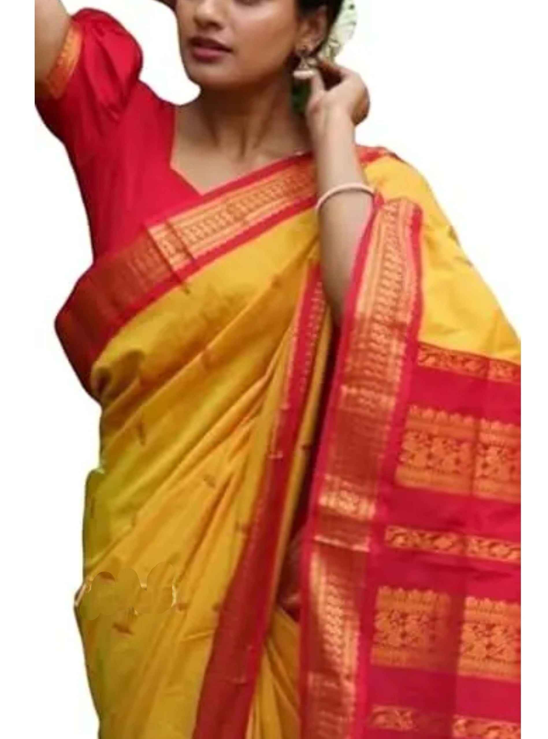  Women`s Kalyani Pattu Cotton Silk Zari With Blouse Peice - Yellow Red