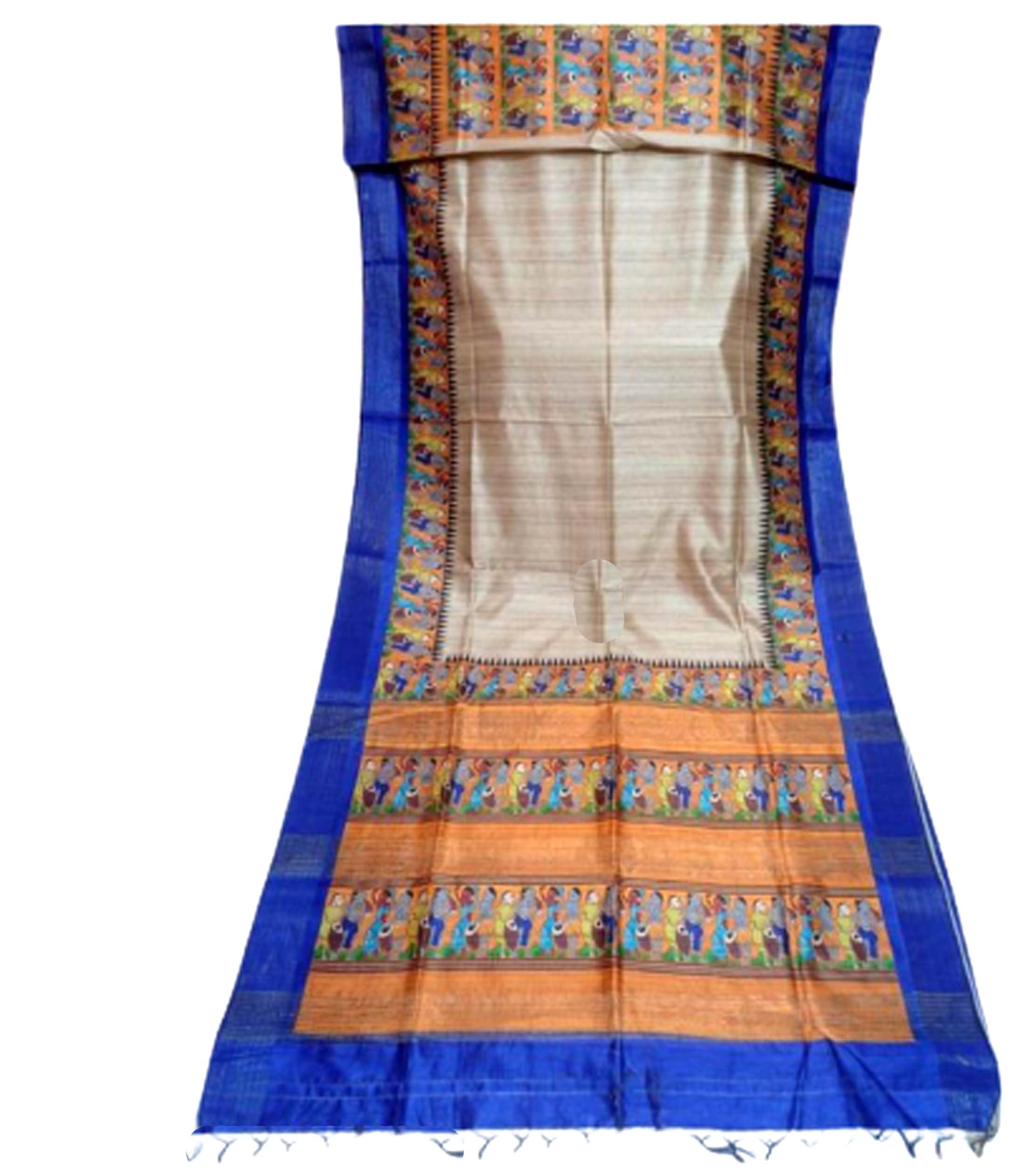 Jolly Tussar Ghicha Silk Saree Madhubani Printed Handwoven -Blue Yellow