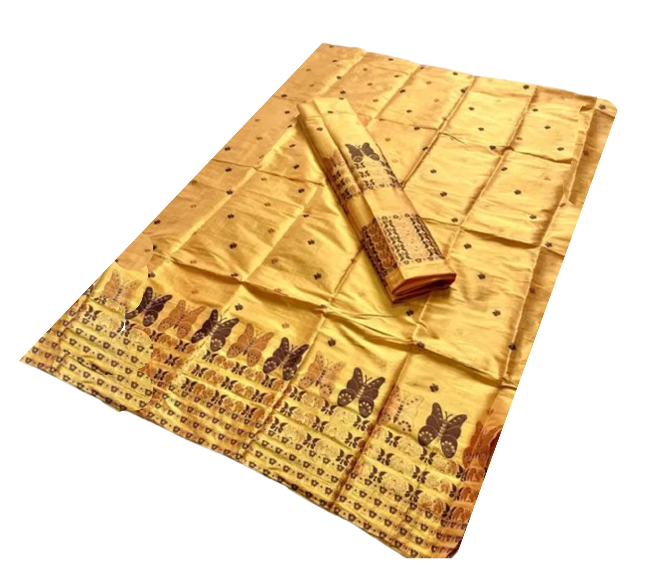 Women`s Assamese Mekhela Sador Paat Santal Panchi Lungi Parhar Fabric of Self Soft Silk Traditional Design- Gold