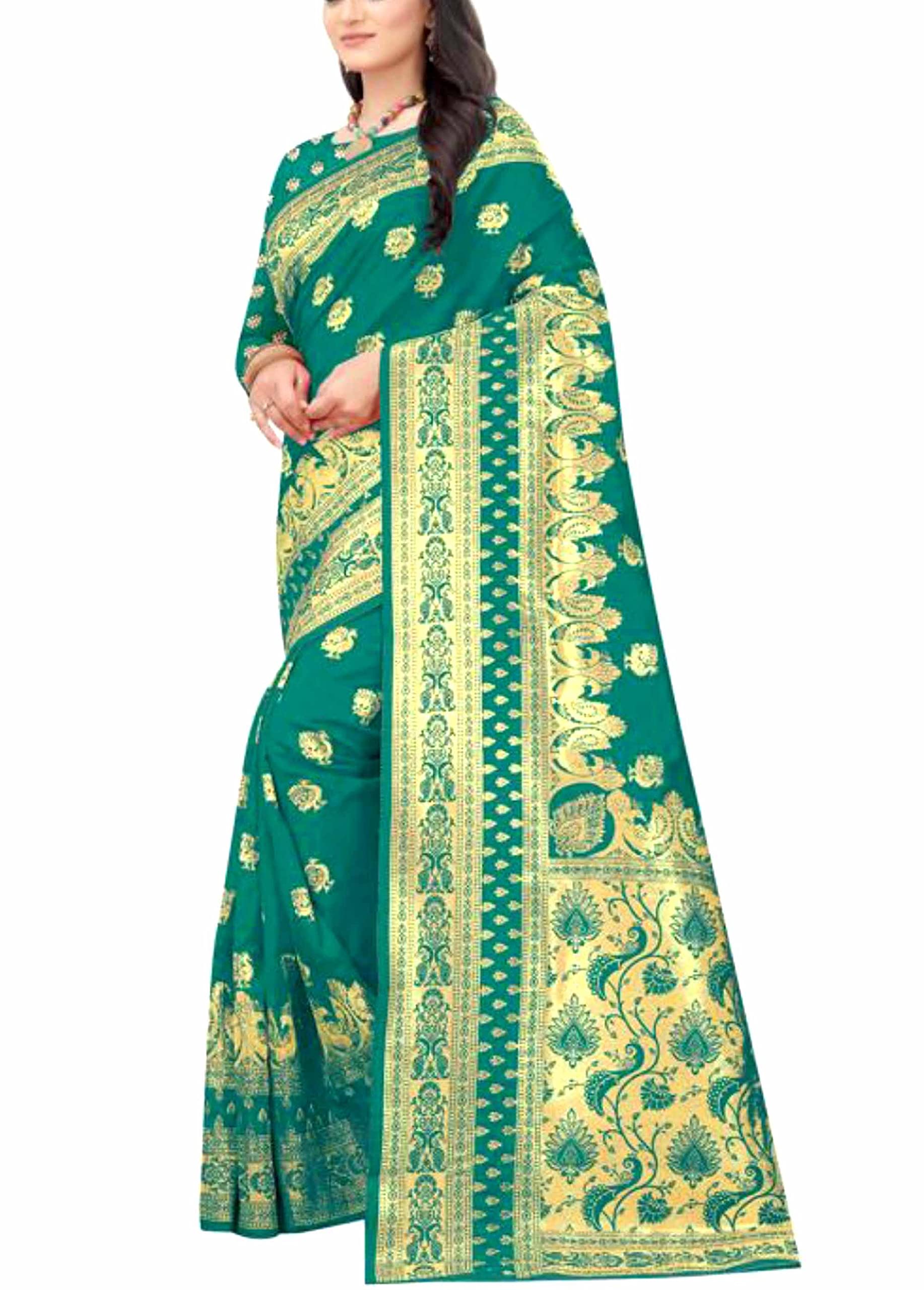 Banarasi soft Silk Rich Pallu Jaquard Zari work All Over Saree With Same Matching Blouse- Green