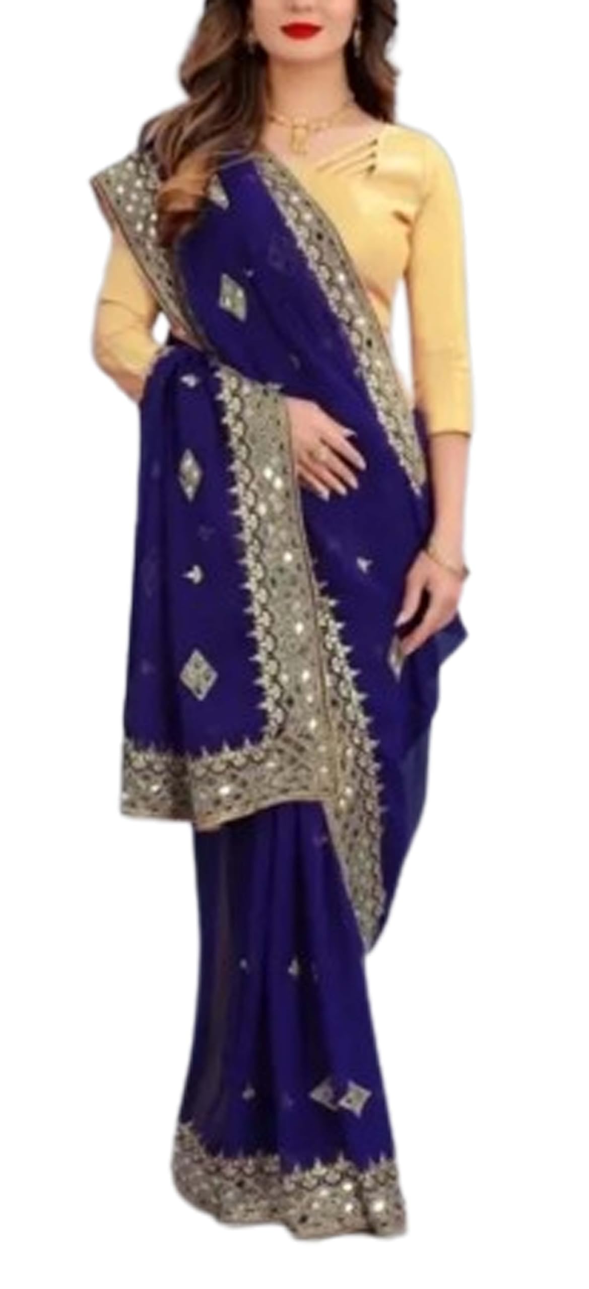 Women`s Georgette Embroidery Stylish Mirror Work Pallu With Blouse Piece - Dark Blue