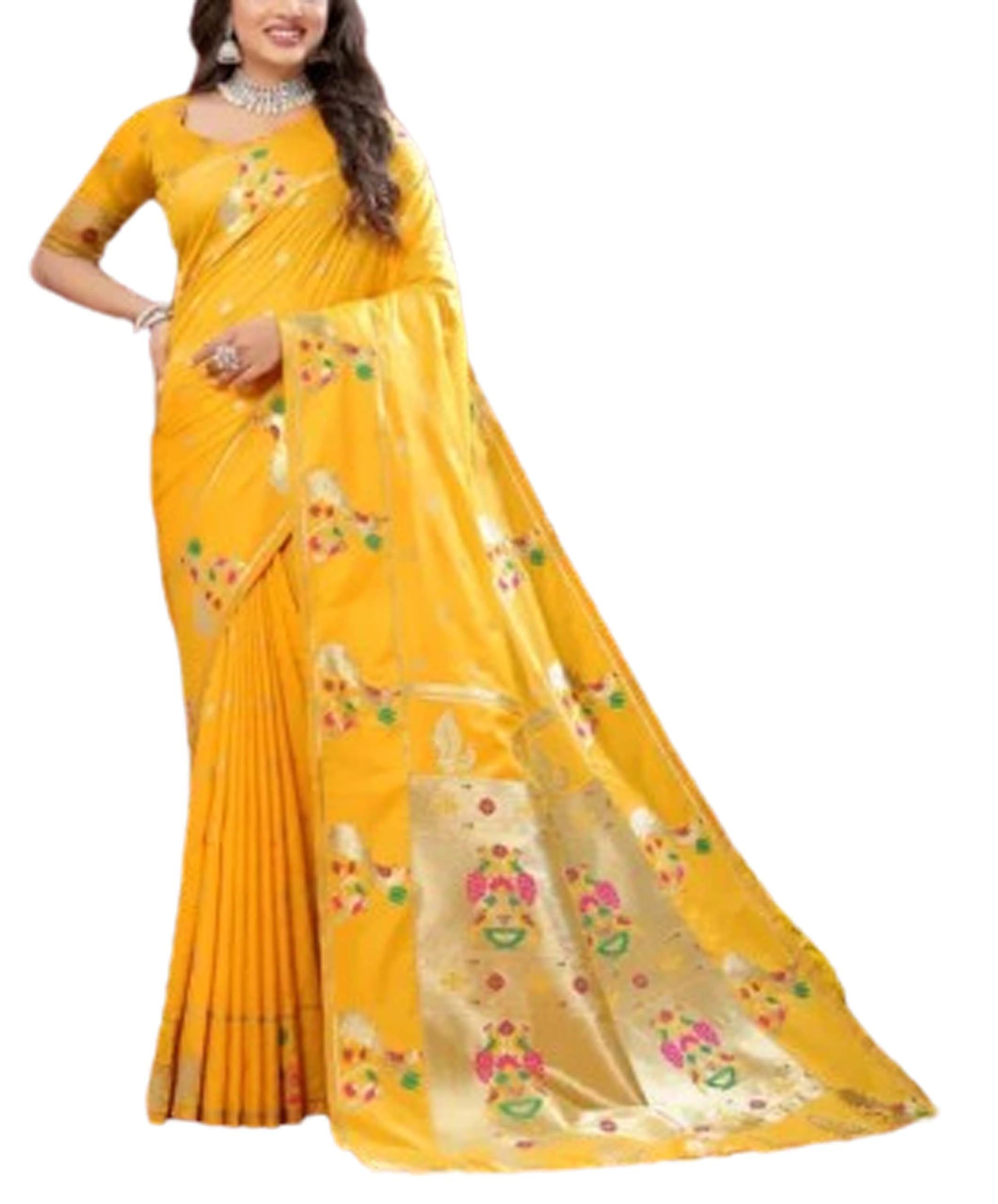 Jolly Women`s Wedding Paithani Silk Zari Weaving Saree With Blouse Piece - Yellow