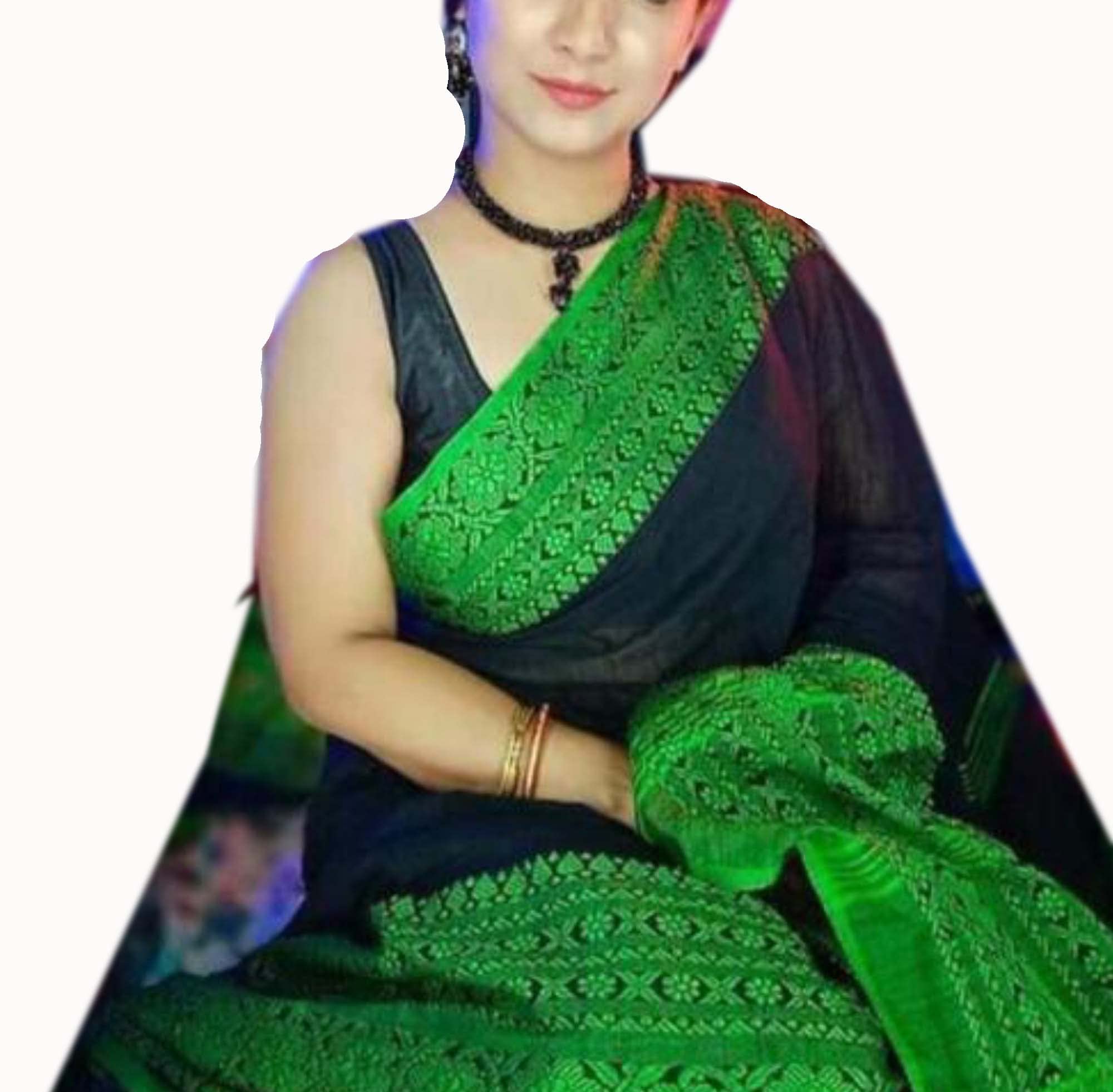 Women’s Begampuri Khadi Mahapar Saree Exclusive Handloom - Green Black