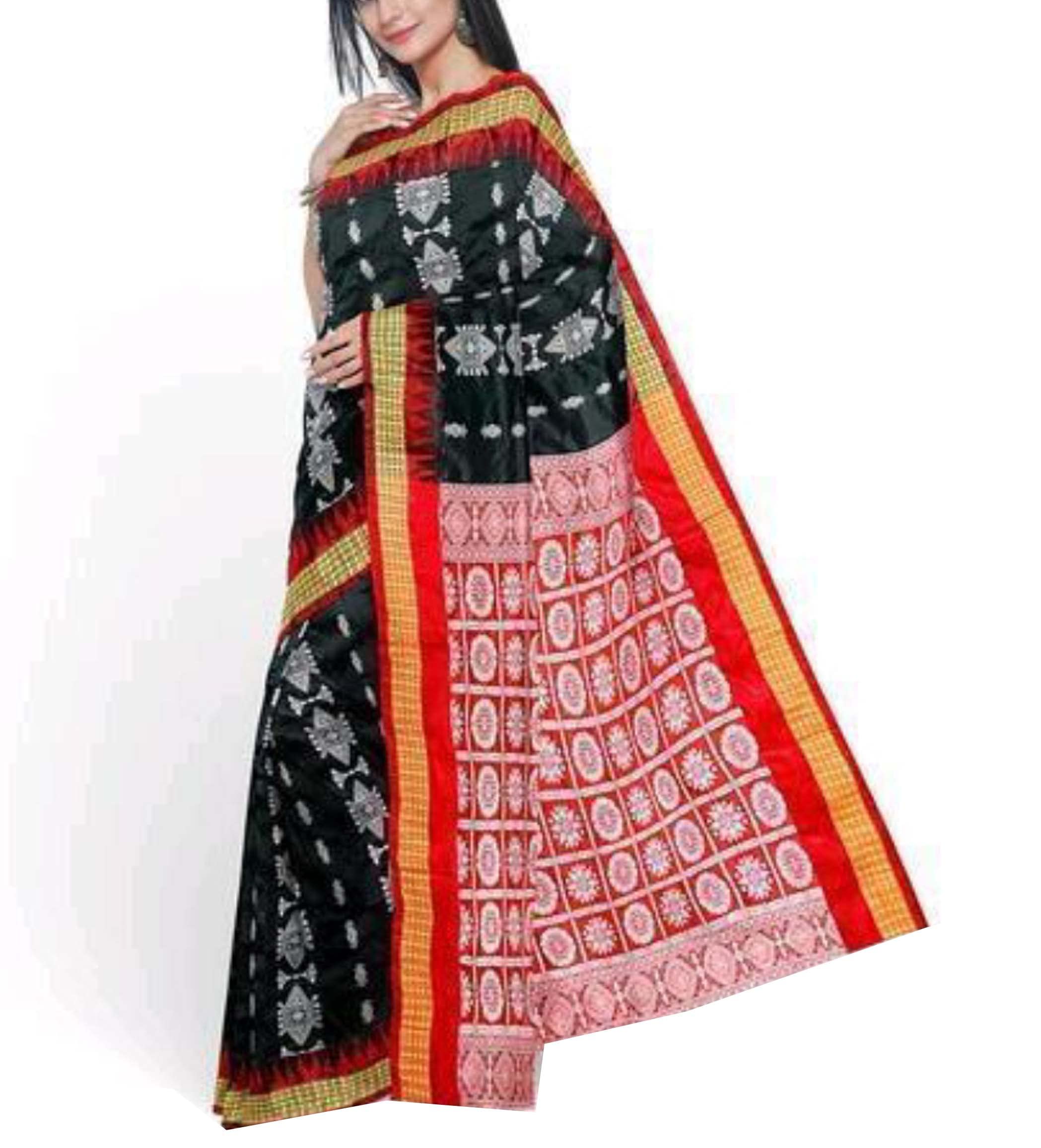 Jolly Women`s Sambalpuri Bomkai Silk Saree With Traditional Design with Blouse Piece (Black Red)