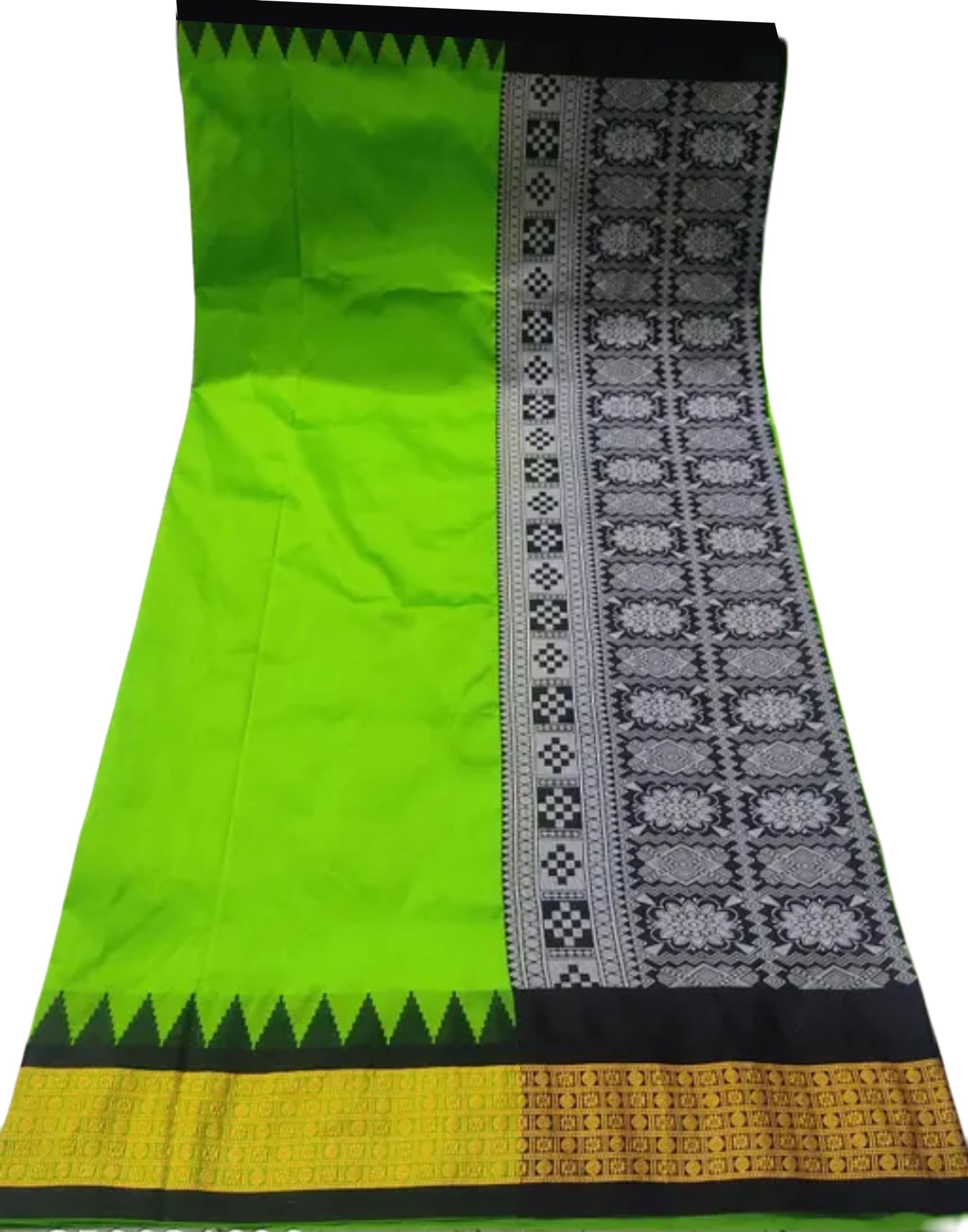 SambalpuriSilk Saree Bomkai Border With Temple Design with Blouse Piece - Parrot Green Black