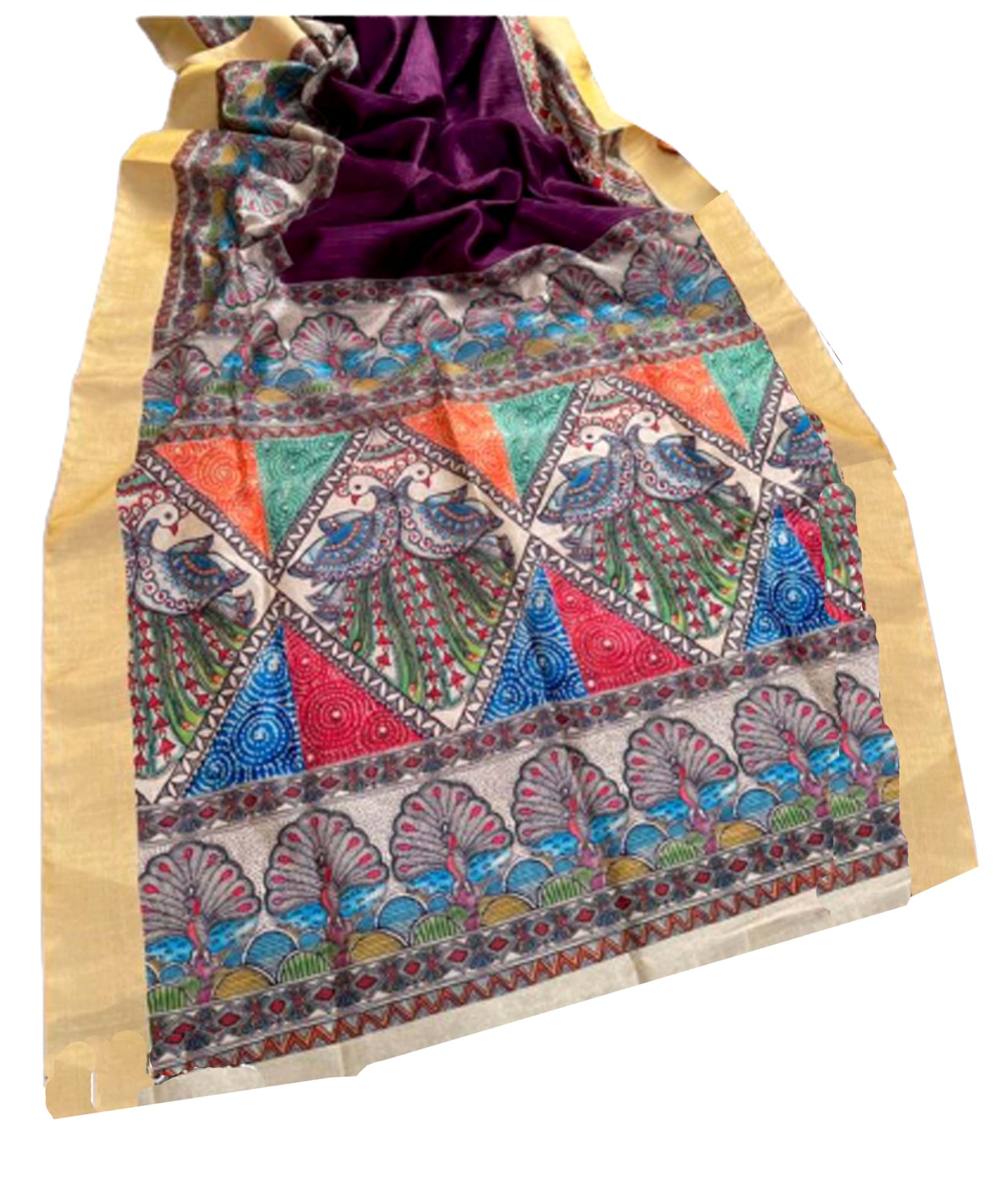Jolly Tussar Ghicha Silk Saree Madhubani Handwoven - Purple