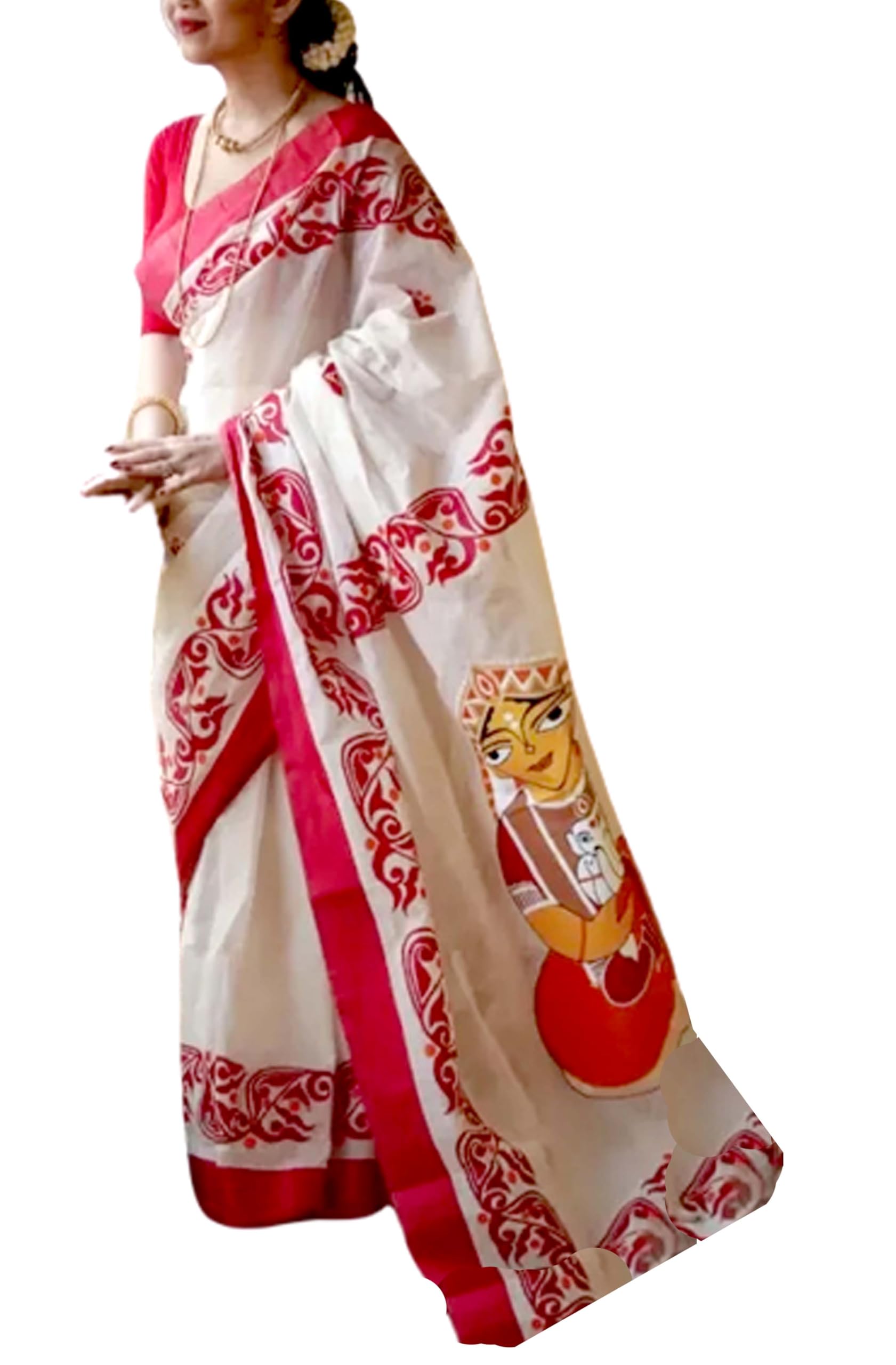 Jolly Durga Ganesh Janani Cotton Puja Saree - White Red