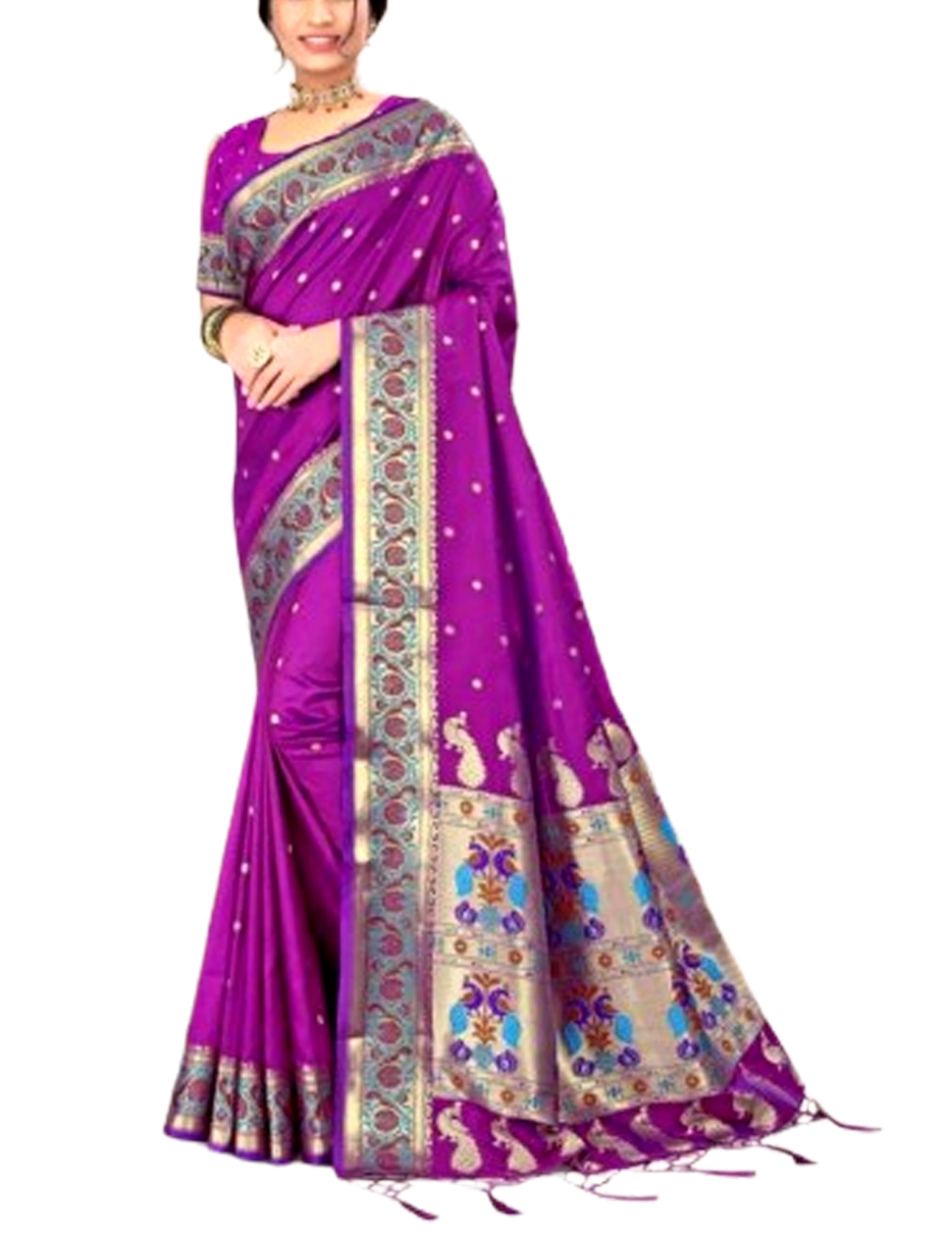 Jolly Women`s Paithani Silk Saree With Minakari Traditional Woven Pallu With BP- Purple