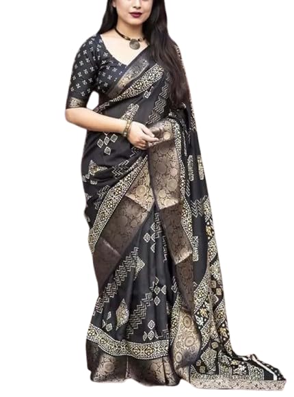 Jolly Temple Border Madhubani Cotton Blend Crepe Saree -Black