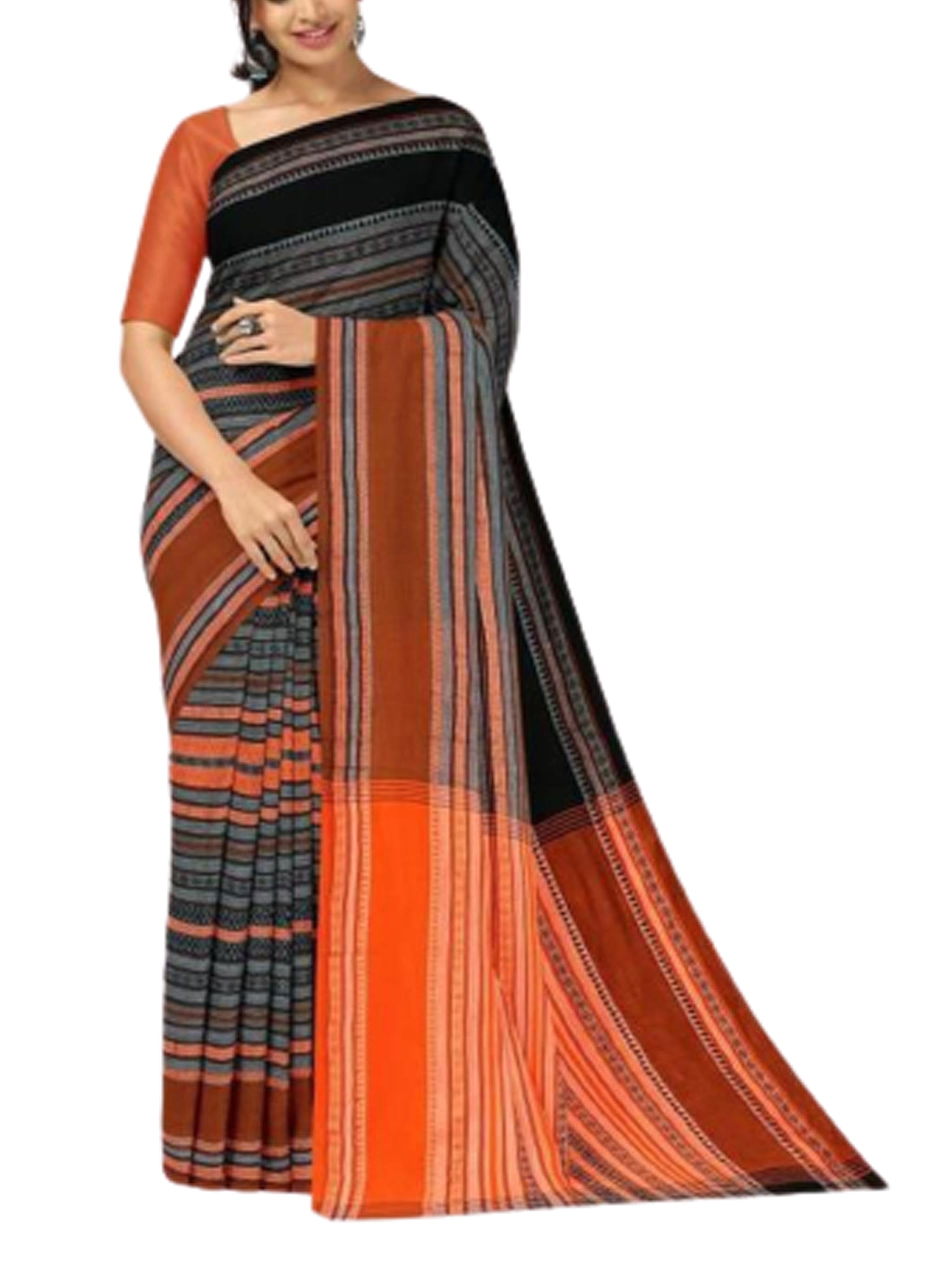 Women’s Dhaniakhali Khadi Pure Cotton Tant Saree Allover Work (Orange Black)