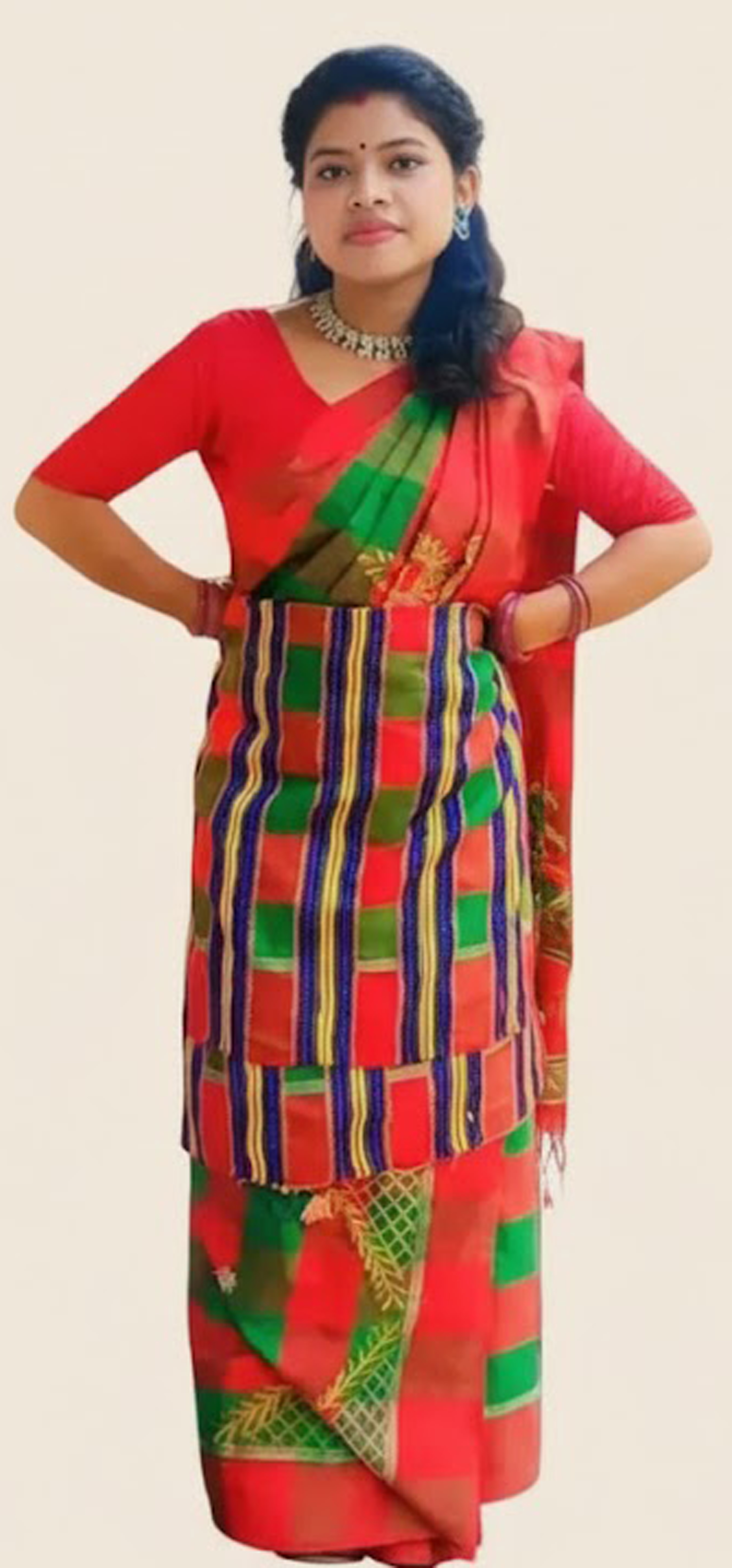 Adibasi Tribal Santali Cotton Saree Panchi Lumang Embroidered Red Green