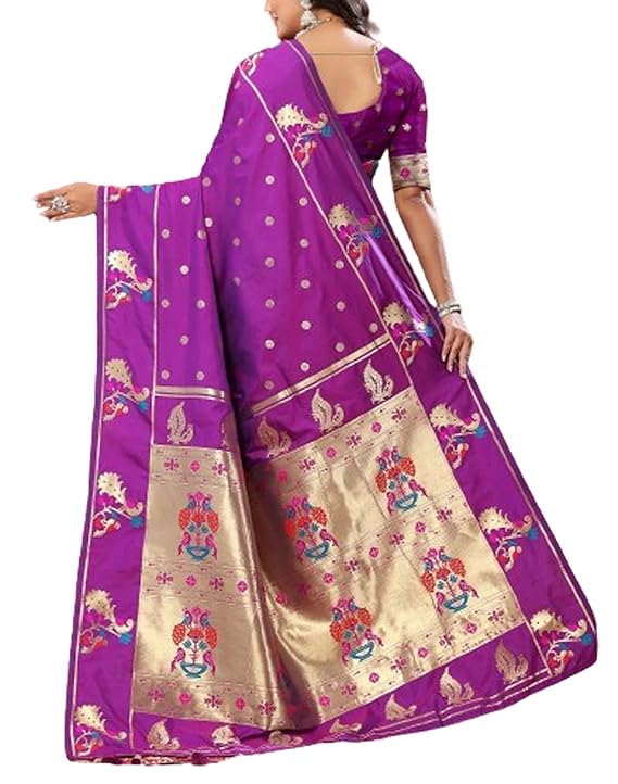 Women`s Paithani Silk Sarees Zari Weaving Saree with Beautiful Motifs Peacock Border With Blouse Piece- Purple Violet