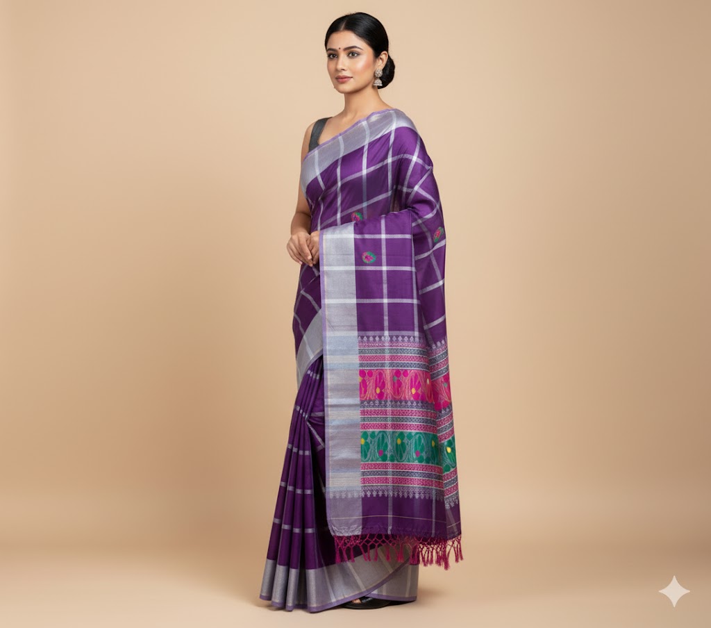 Adibasi Tribal Santali Saree Panchi Lumang Embroidered Purple Silver