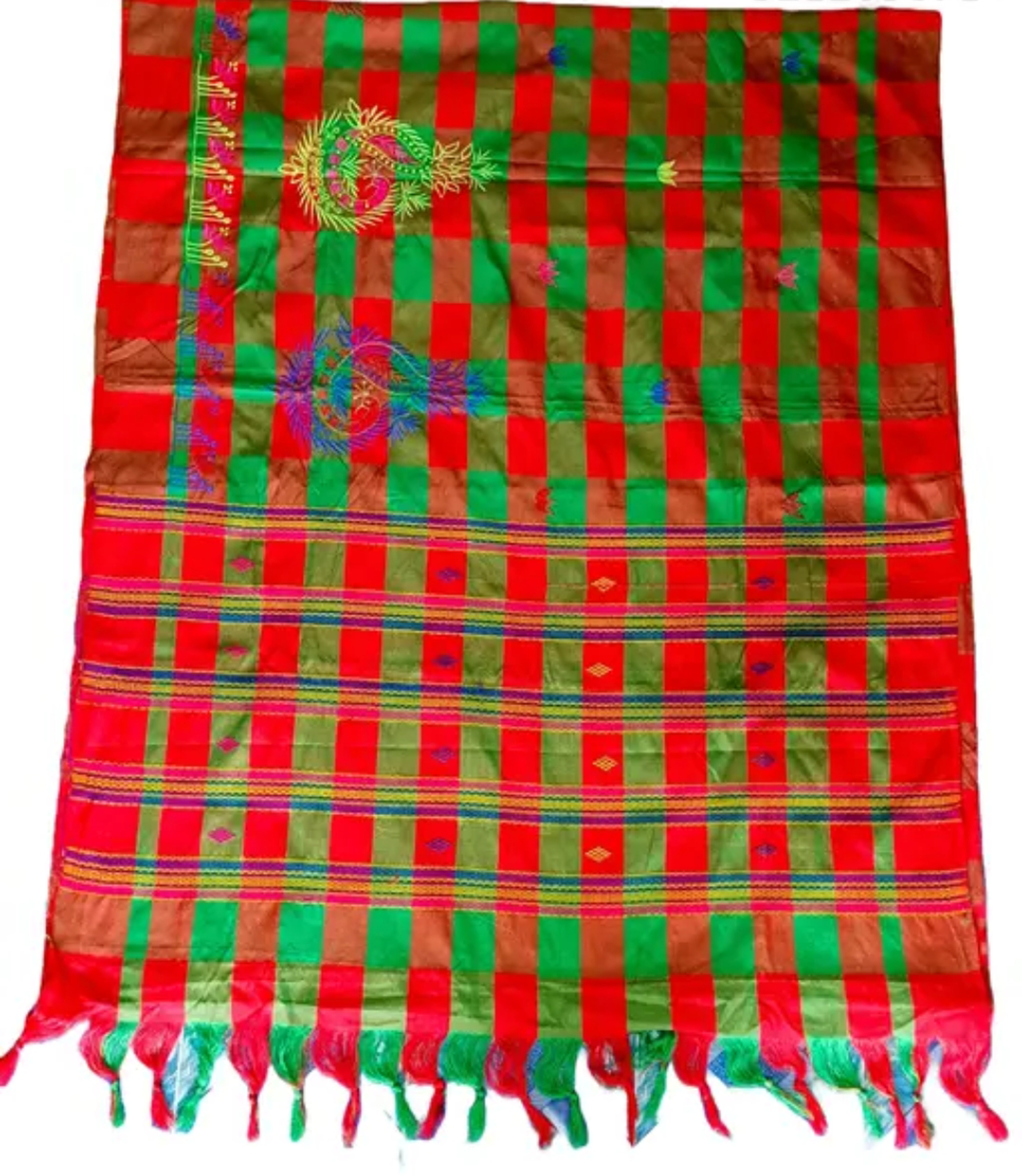 Adibasi Tribal Santali Cotton Saree Panchi Lumang Embroidered Red Green