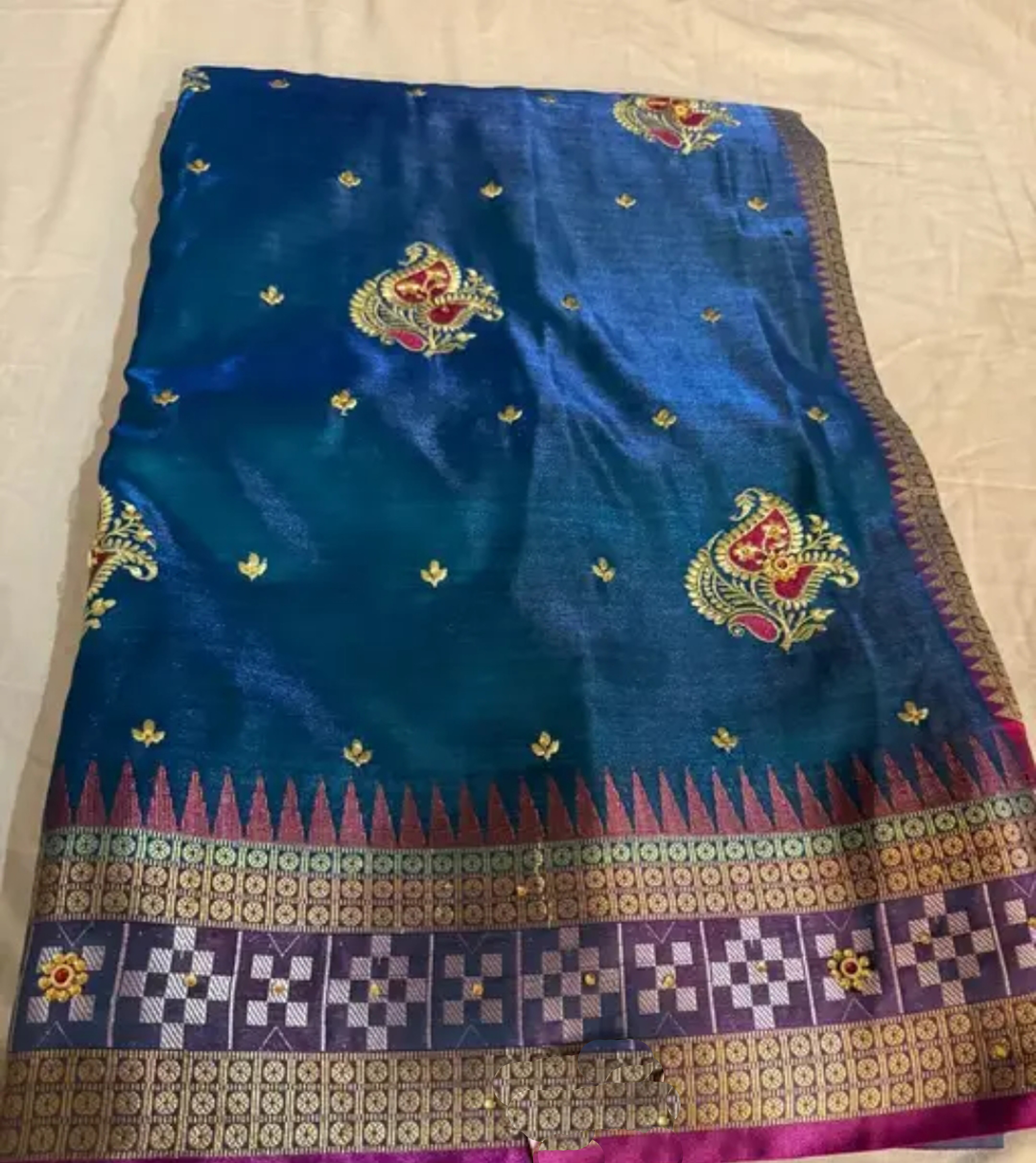 Sambalpuri Banarasi Blue Pink  Embroidery Silk Saree Pasapalli Traditional Design With Blouse Piece 