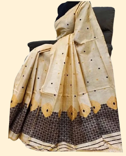 Women`S Assamese Mekhela Sador Santal Parhar Pure Fabric Of Soft Silk Traditional Design Saree- Cream Black