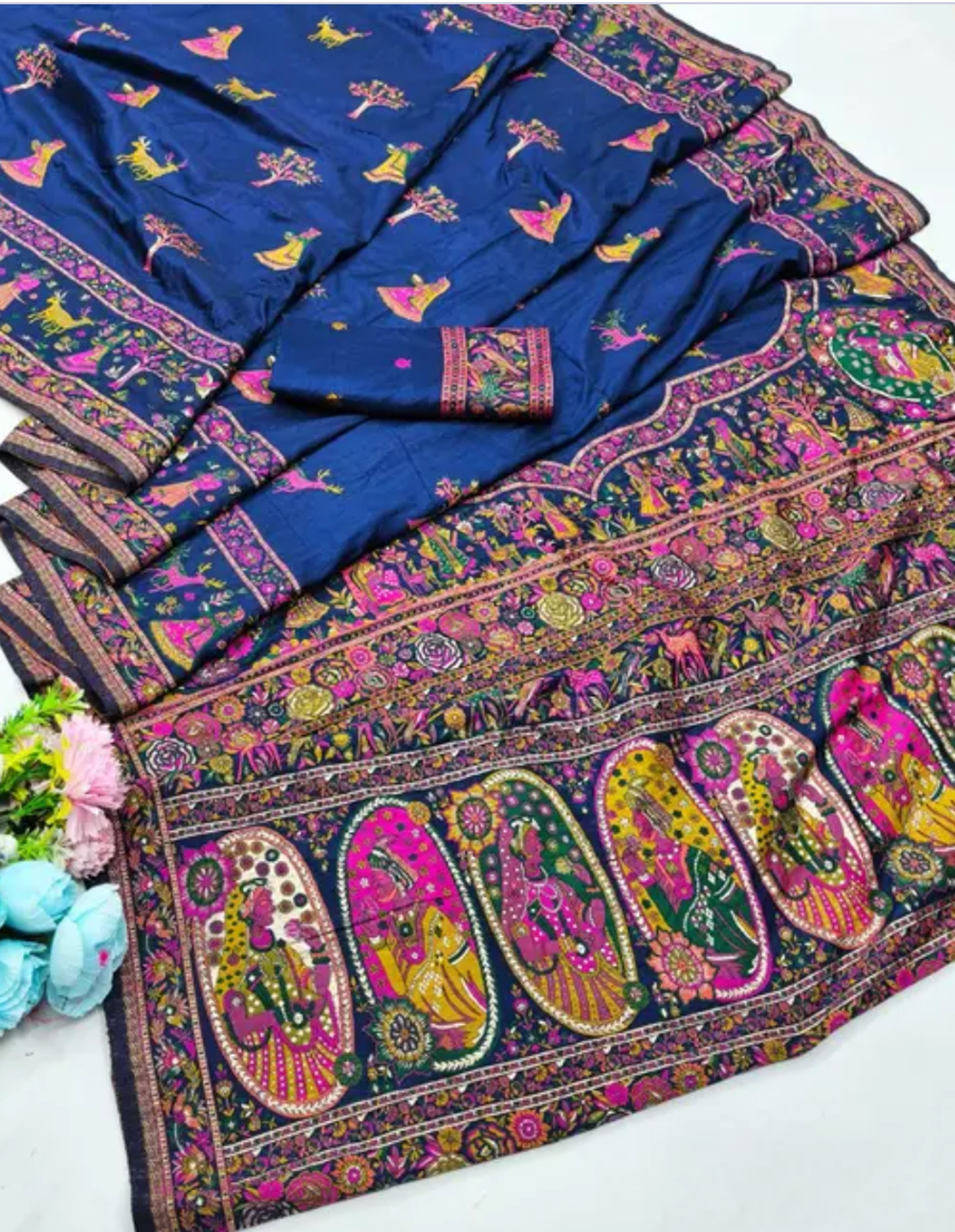  Kashmiri Pashmina Silk Blue Saree with Traditional Mughal Design Meenakari Work 